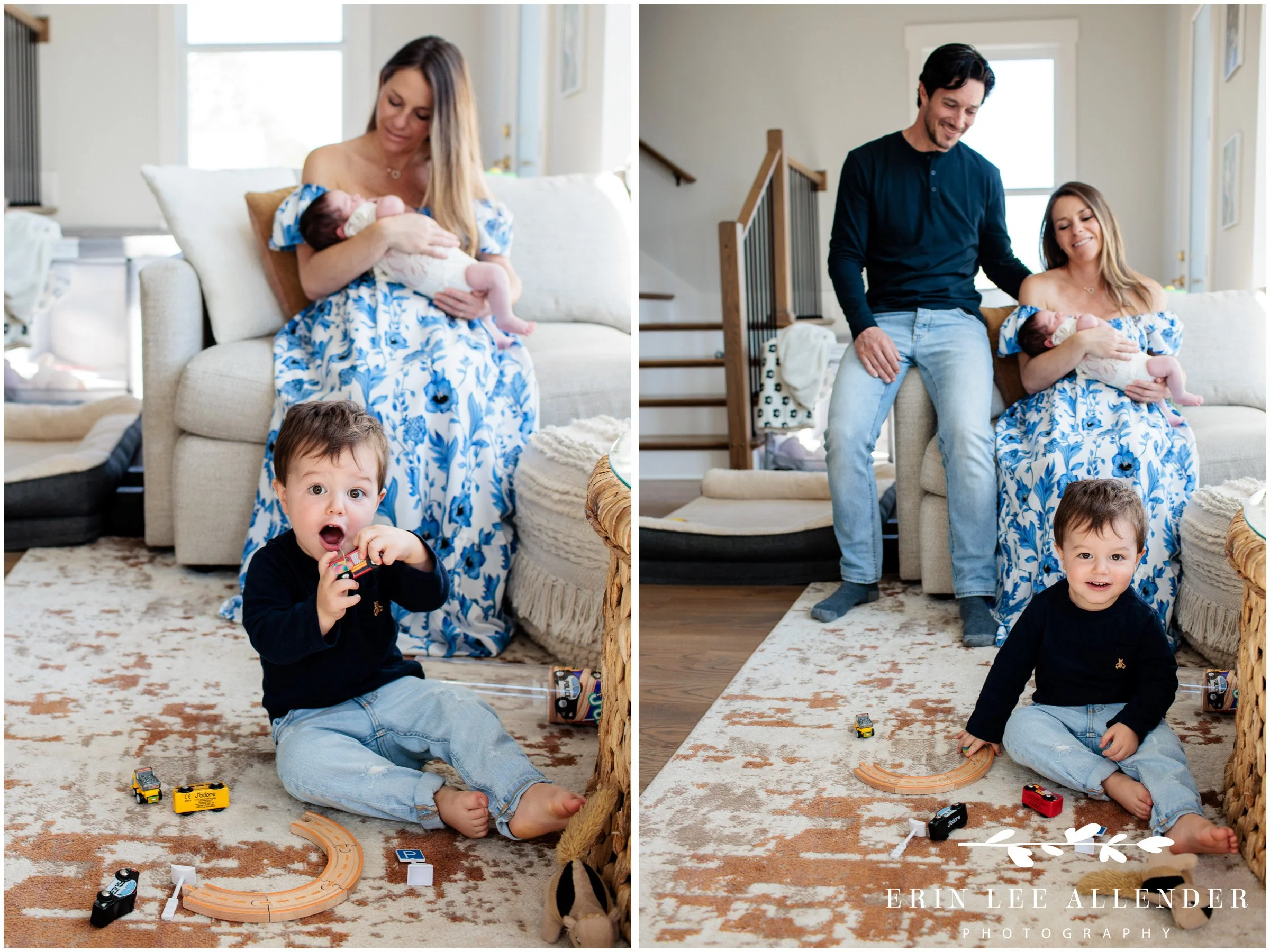 Nashville newborn photographer capturing a family of four in their living room during an in-home session