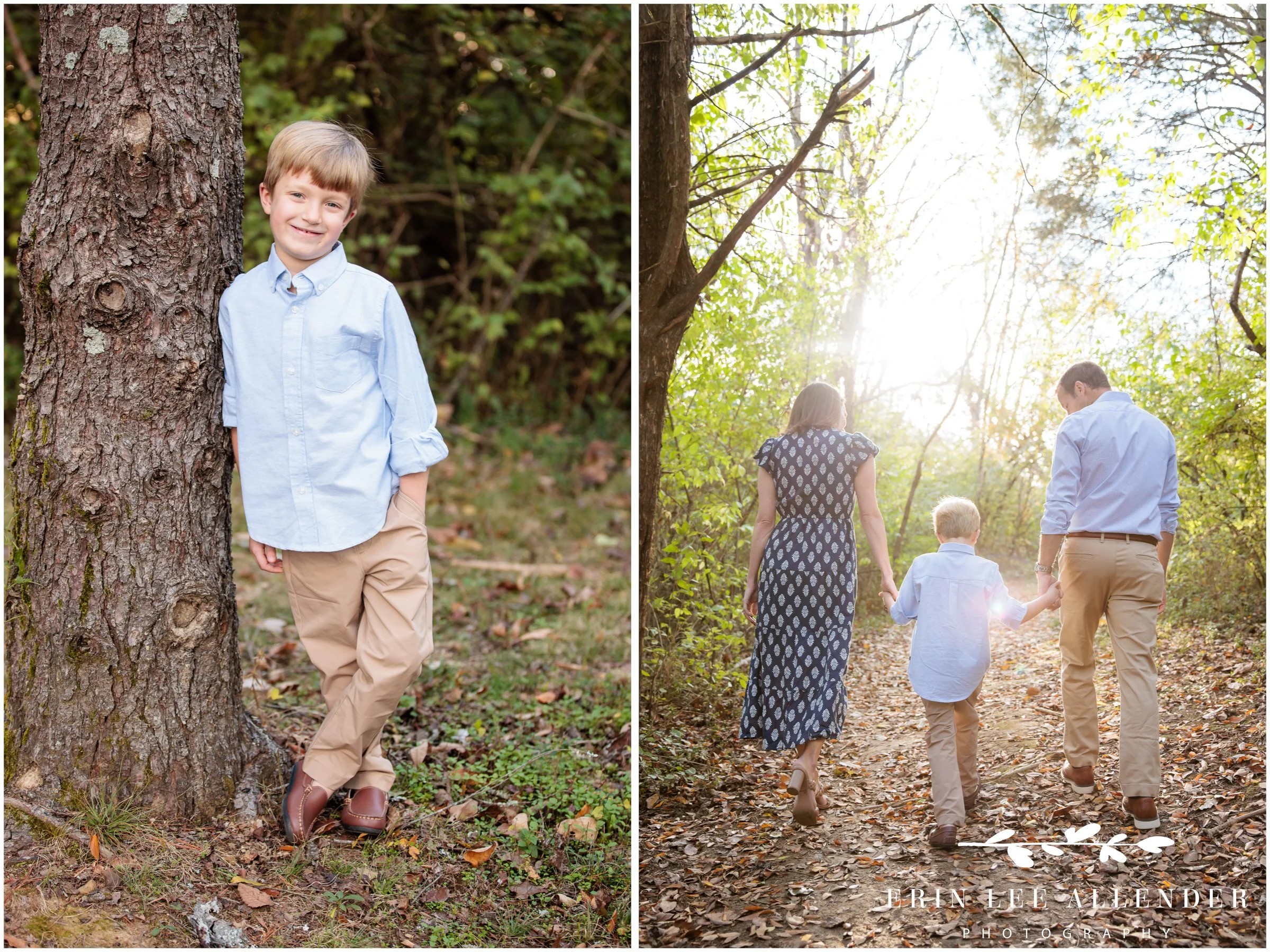 Nashville family session — grade school boy leaning against a tree at Walton Ferry Arboretum at the end of autumn