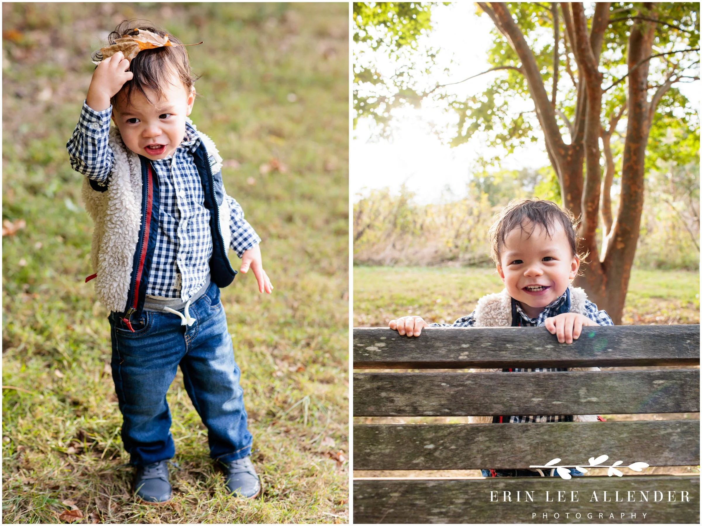Nashville family photographer captures a one-year-old boy putting a leaf on his head on the Richland Creek Greenway