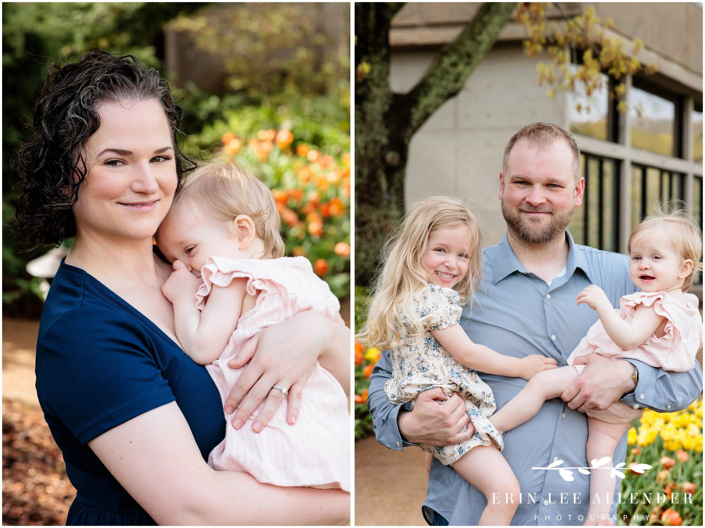 Mom holding toddler as she snuggles in among spring tulips at Cheekwood Botanical Garden during milestone session, Nashville family photography