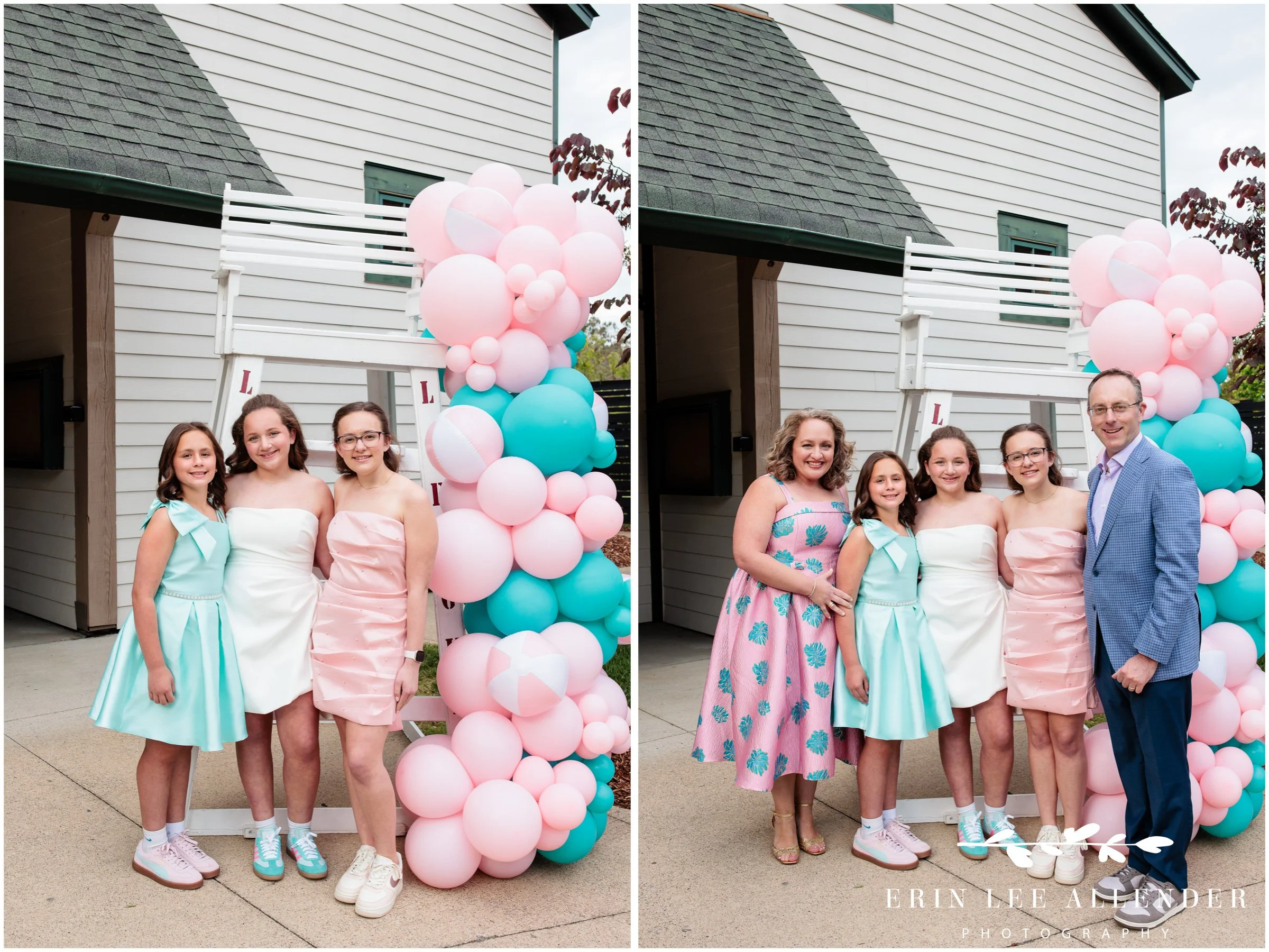 Nashville mitzvah photographer — family portrait in front of lifeguard chair at Loveless Barn Nashville