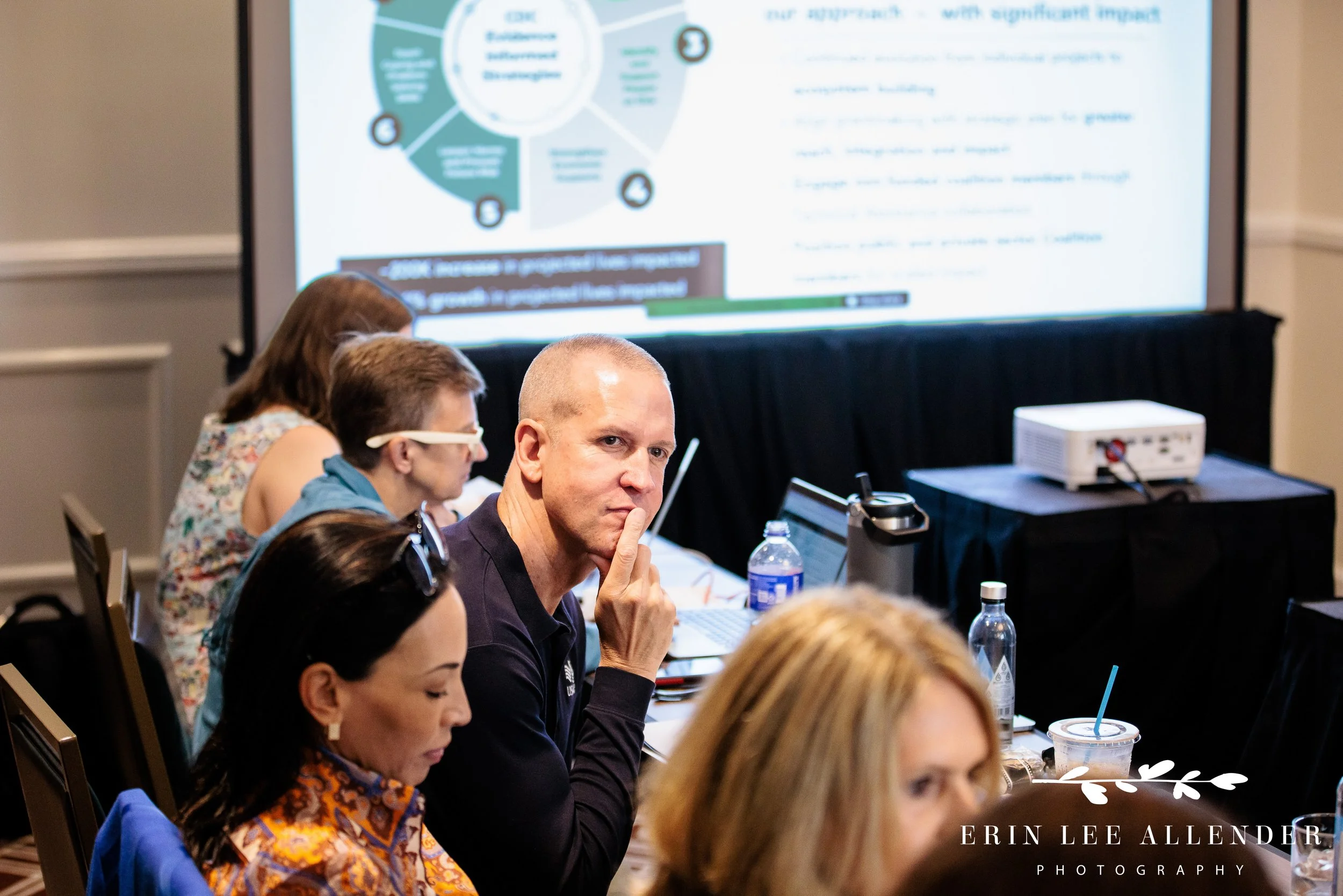 Group of board members listening intently during Face the Fight meeting at the Thompson Hotel, Nashville