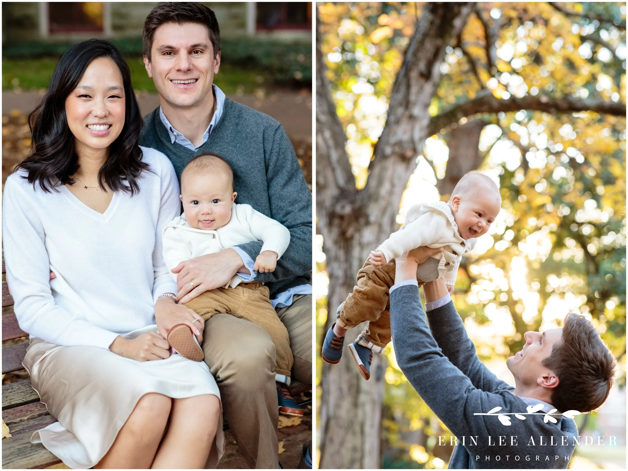 Dad lifting baby into the air while baby giggles during a Vanderbilt family session.