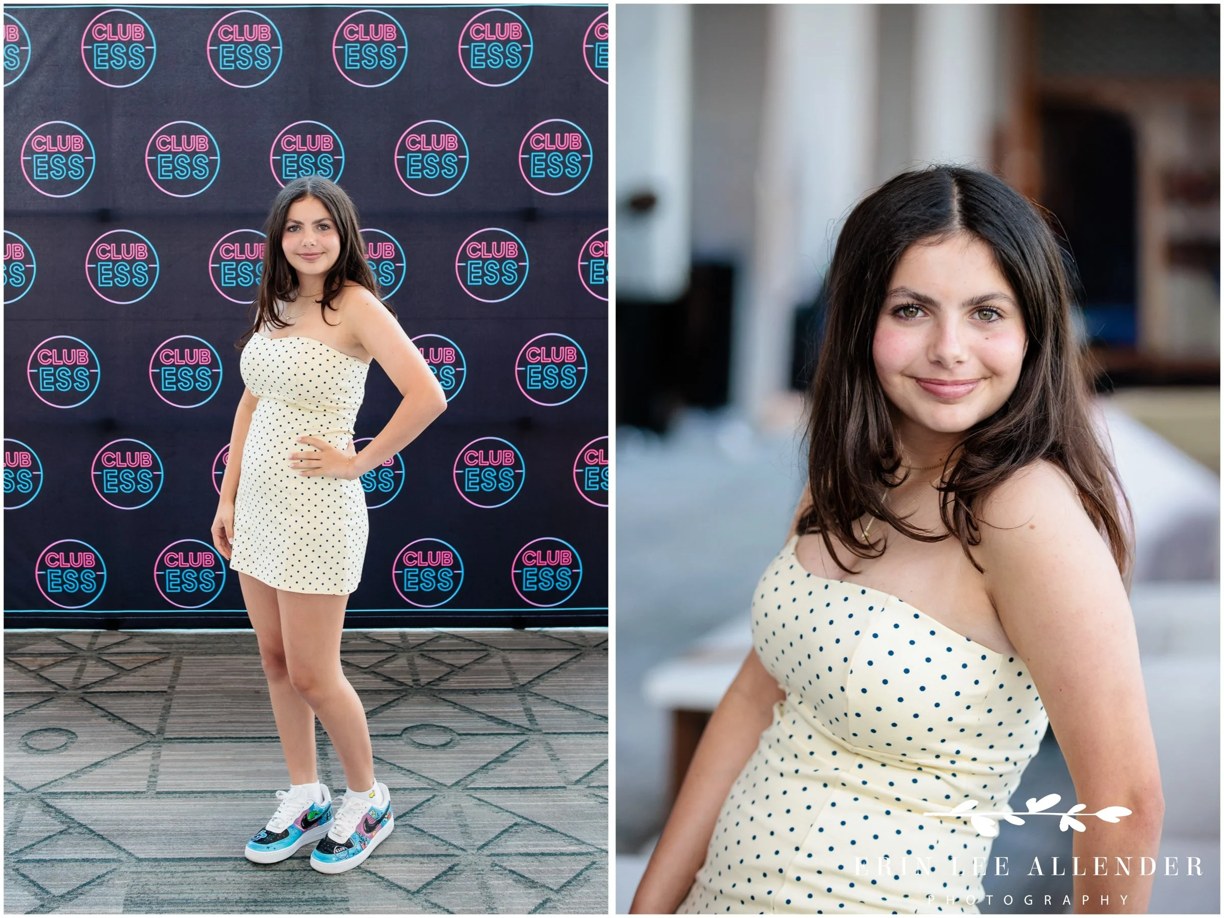 Portrait in front of step and repeat backdrop