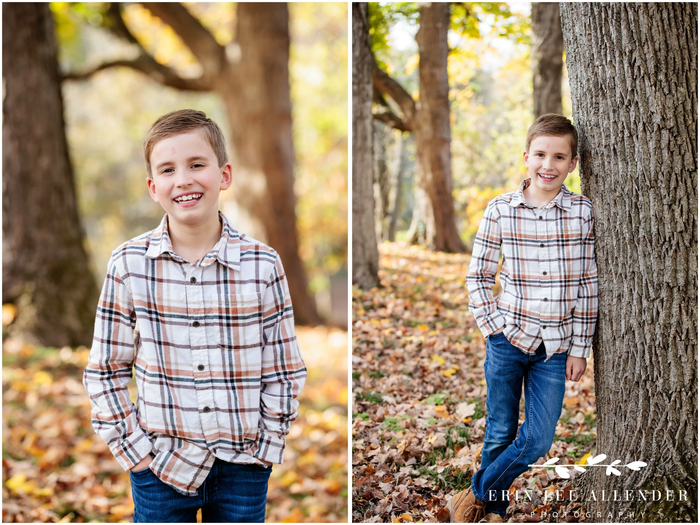 Nashville family photographer portrait of the oldest brother leaning against a tree at Ellington Agricultural Center in the fall