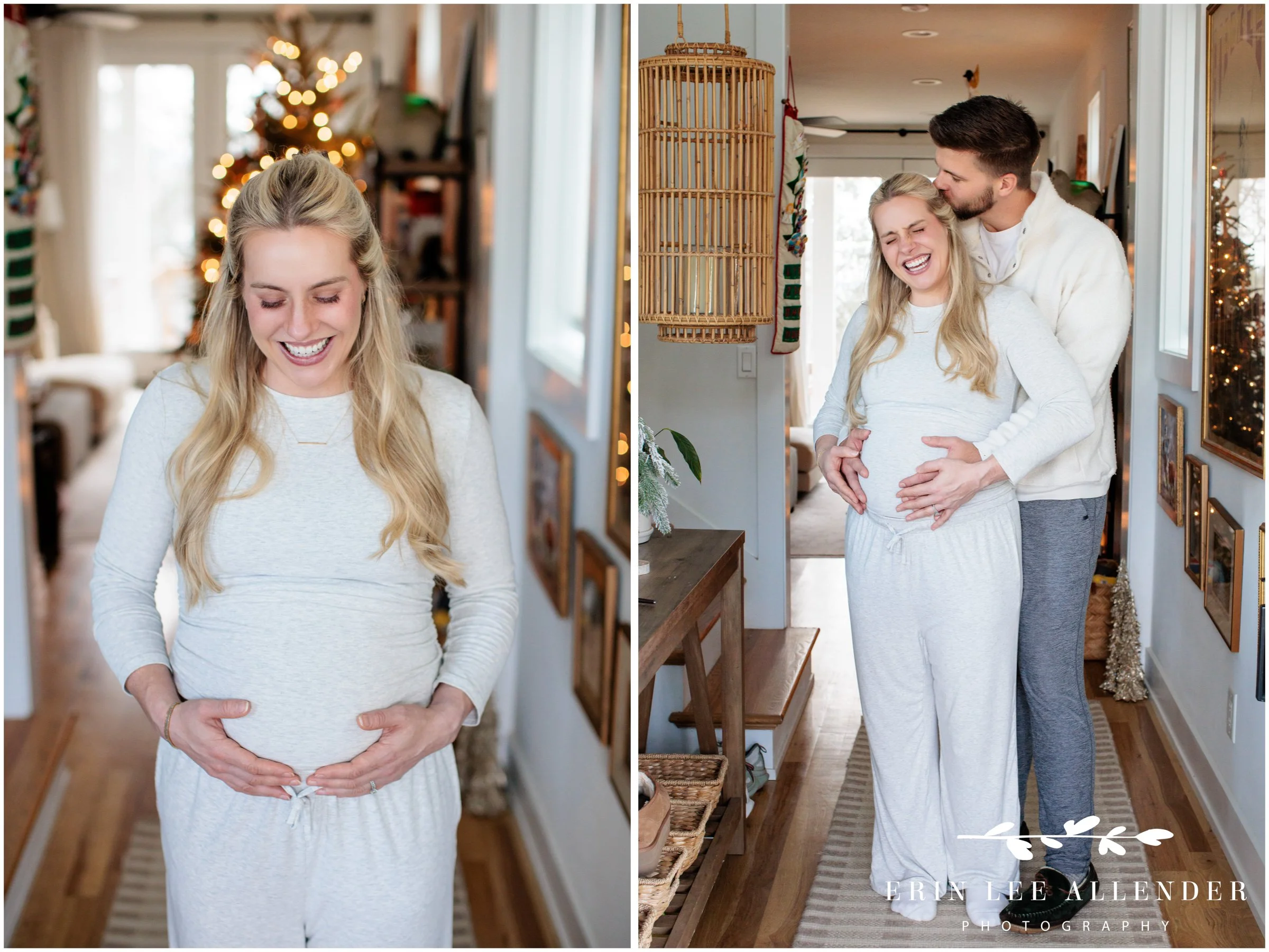 Couple walking through the hallway with poodles during an in-home maternity session