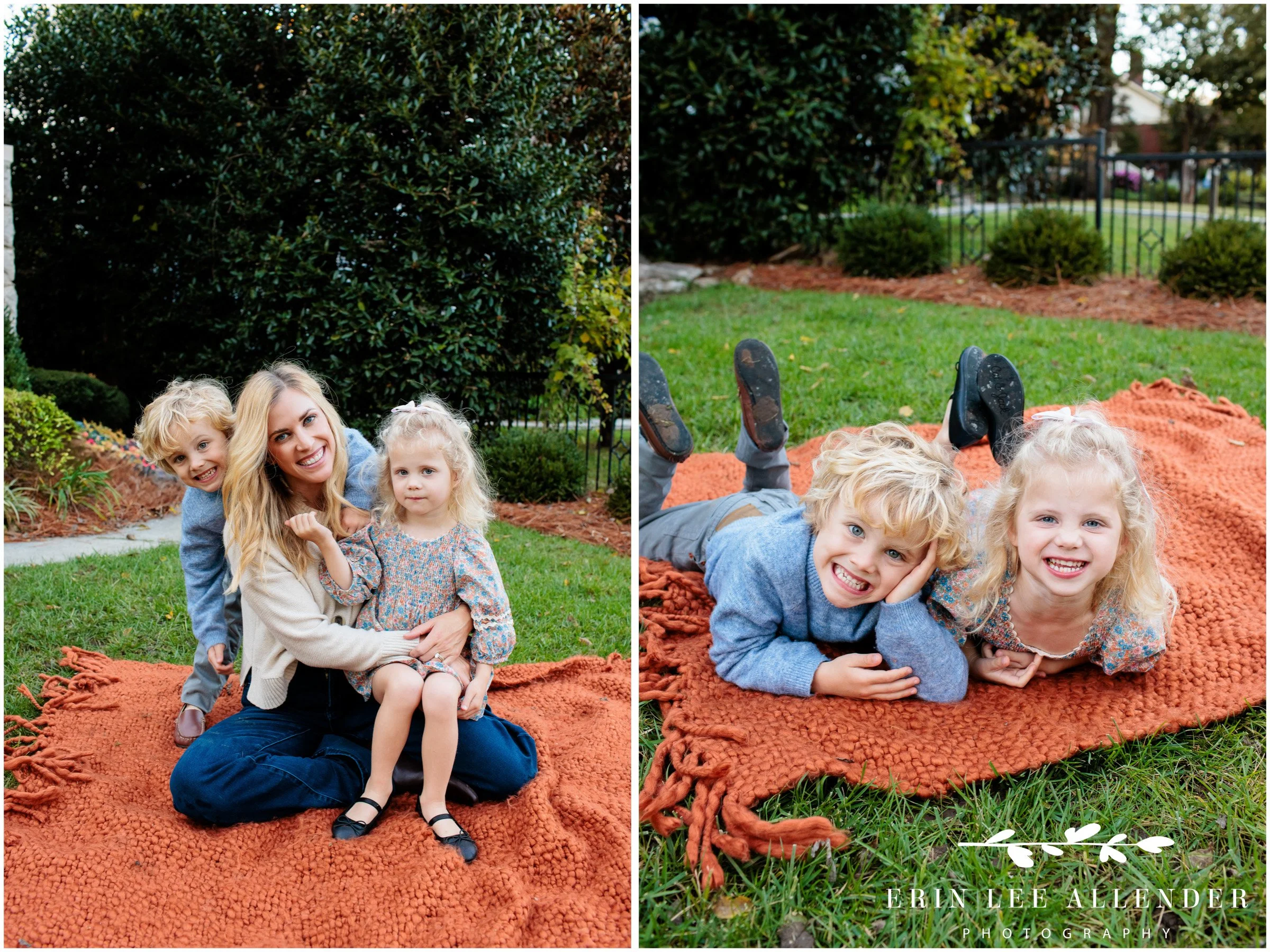 Nashville family session — mom laughing with her kids during a playful moment in the front yard