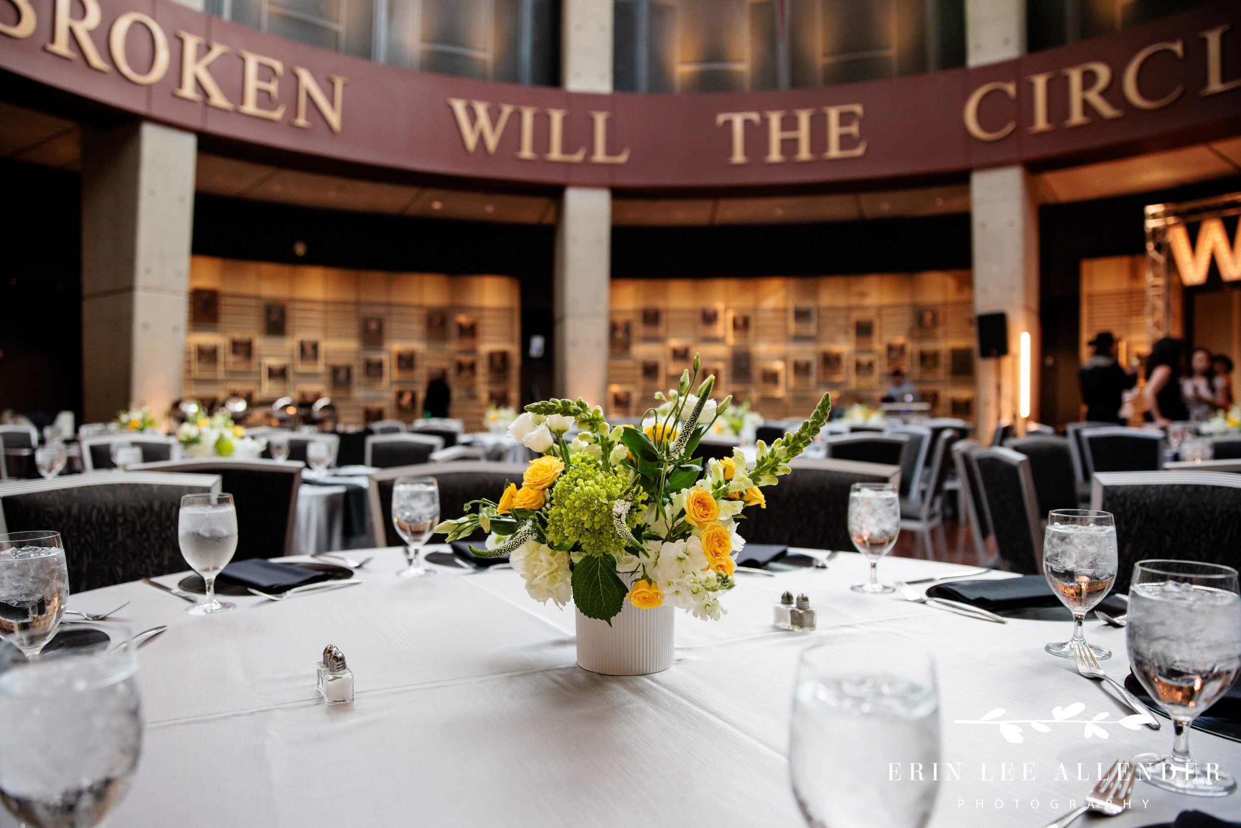 floral arrangement on table in rotunda at country music hall of fame awards ceremony