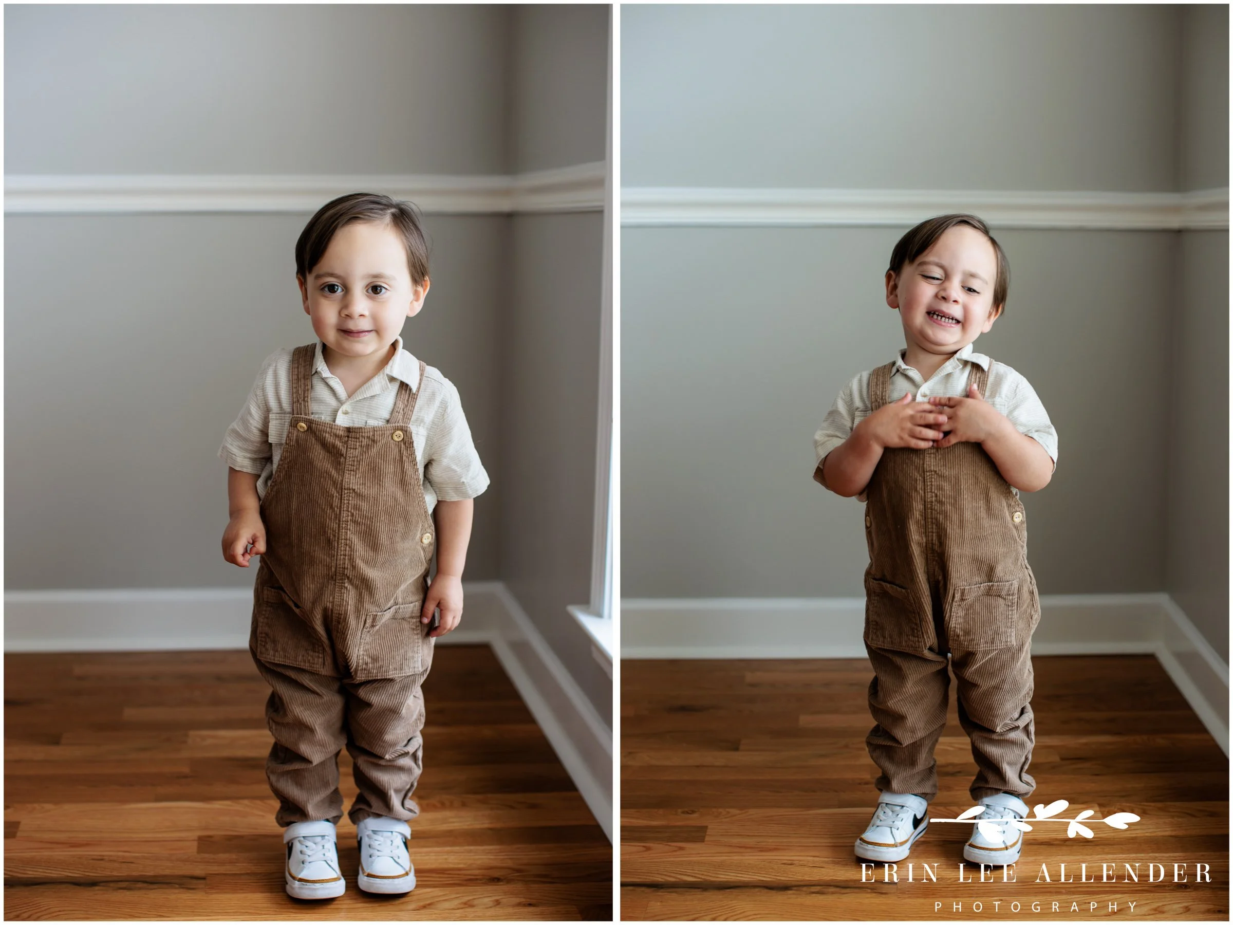 Nashville family photography — individual portrait of toddler boy in corduroy overalls during in-home newborn session