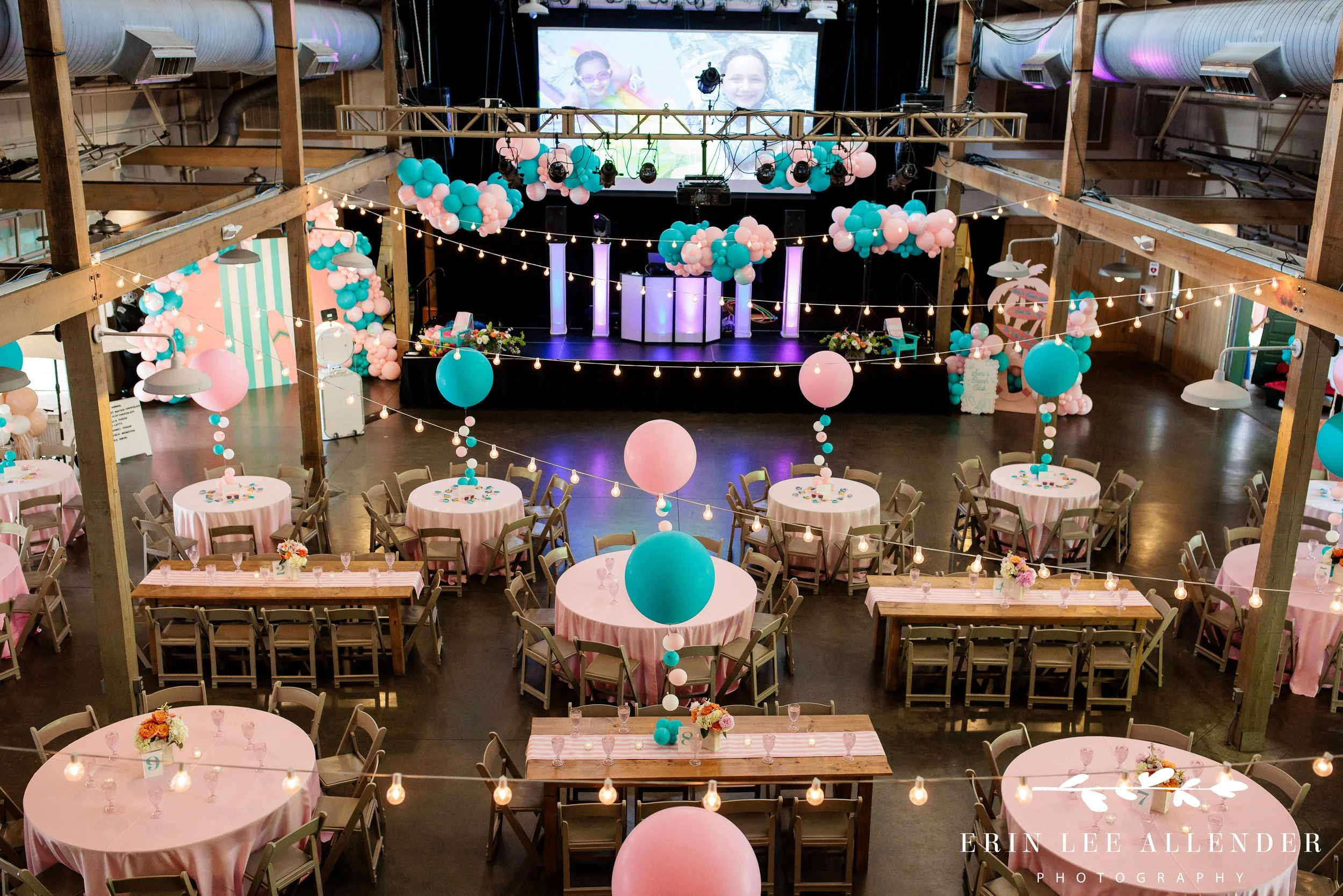 Nashville mitzvah photography — wide room shot of Sari's Beach Bash theme at the Loveless Barn