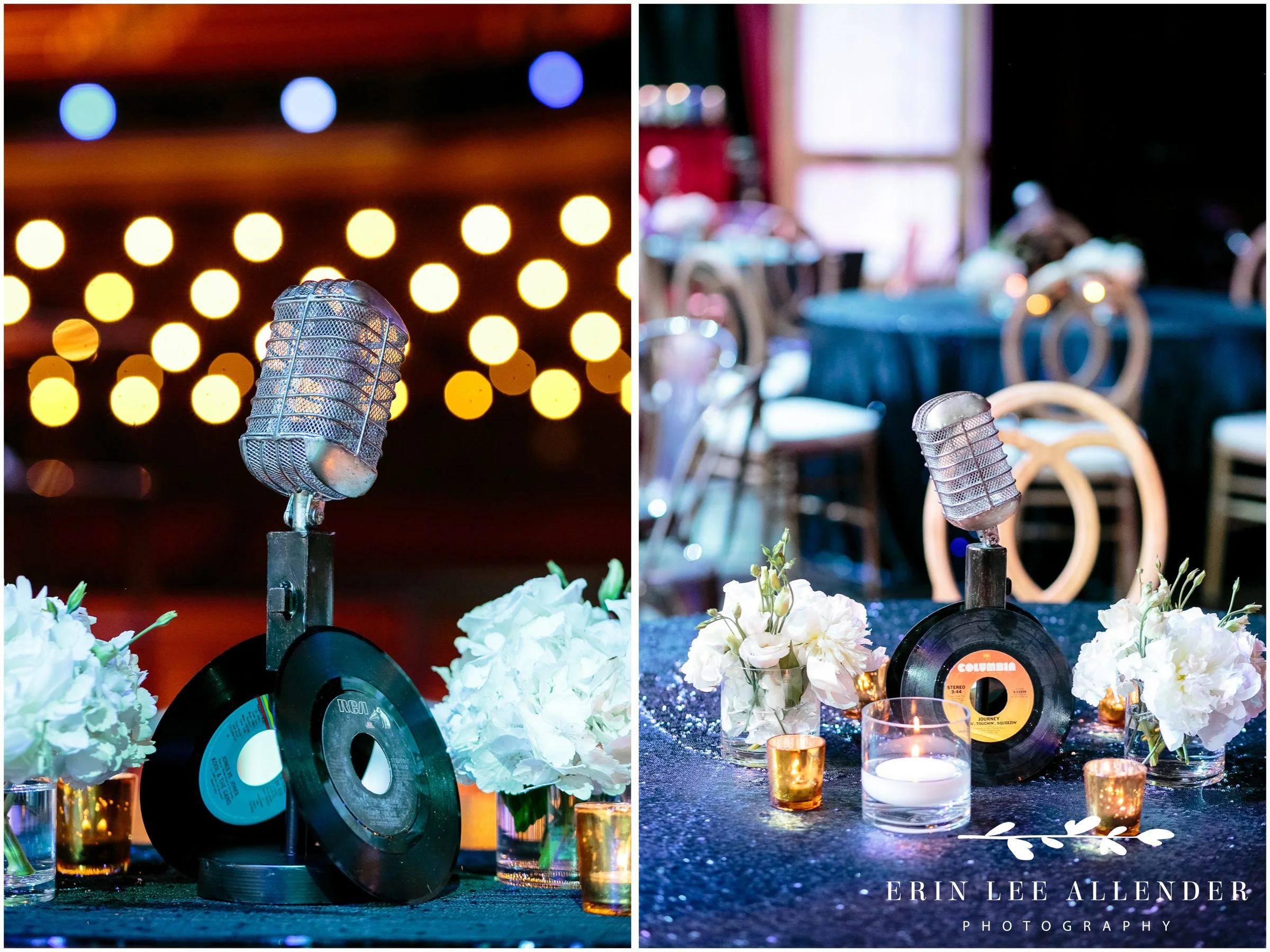Close-up of table decor at Nashville corporate dinner on Grand Ole Opry stage