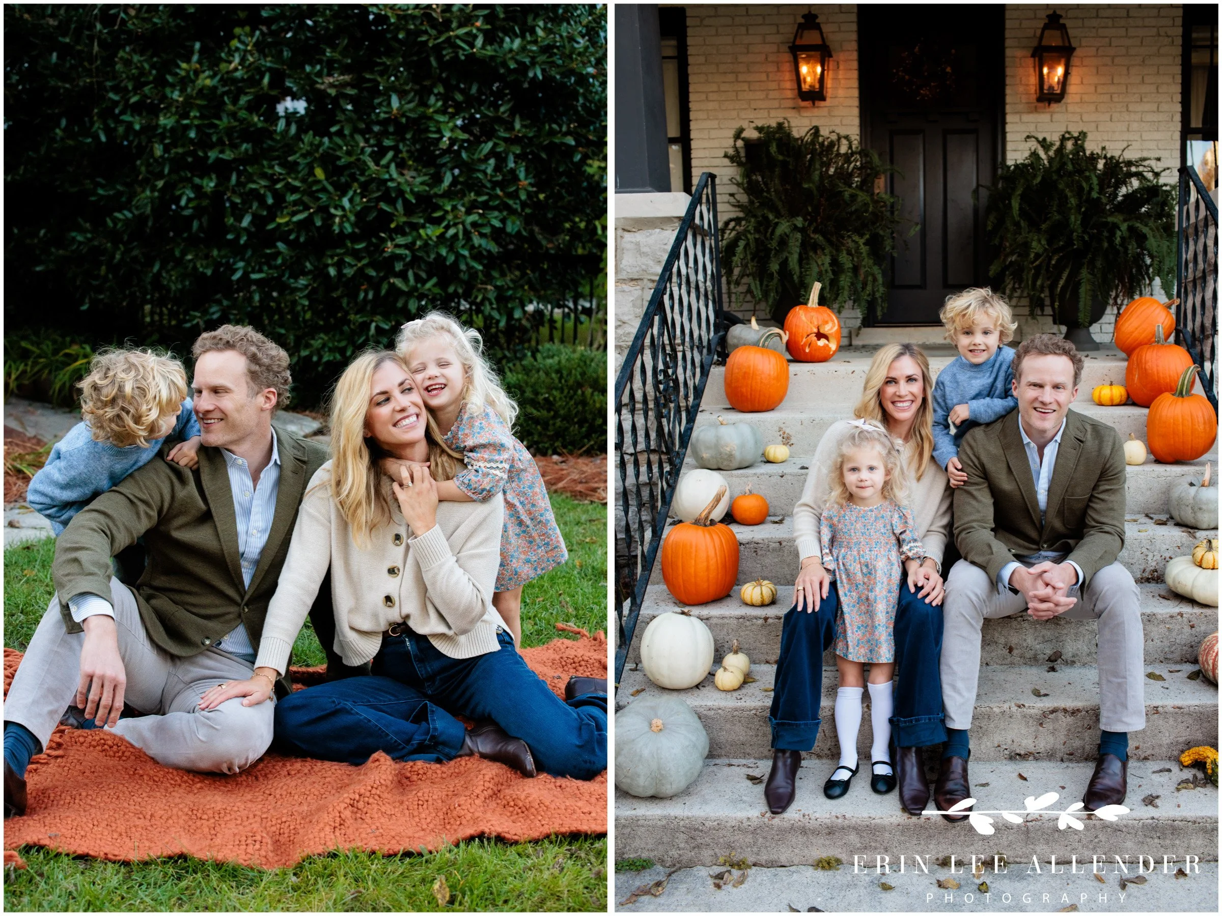 Nashville family photographer capturing kids cuddled up with their parents on an orange blanket in the front yard