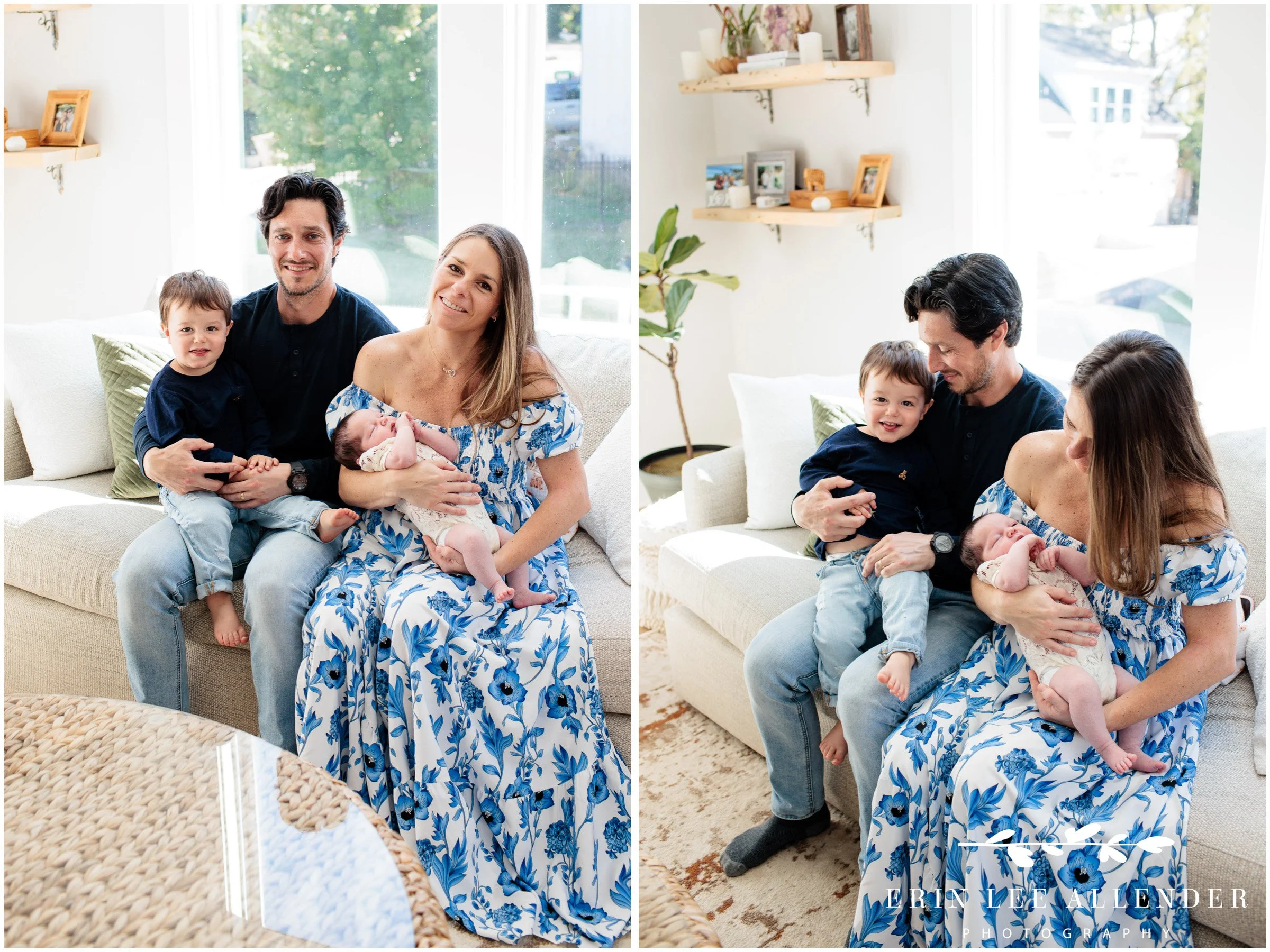 Full family portrait with newborn, big brother, and golden retriever during a Nashville in-home newborn session
