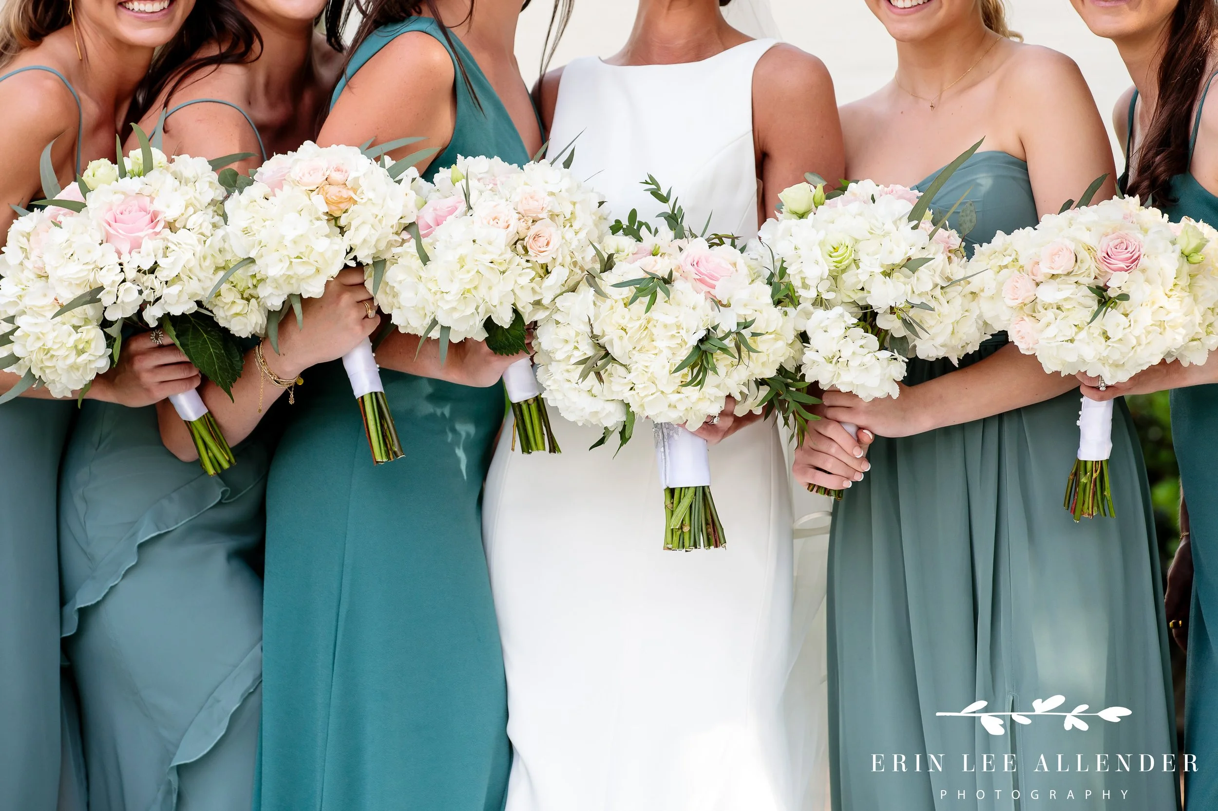 Nashville wedding detail — hydrangea bouquets against green bridesmaid dresses at Richland Country Club