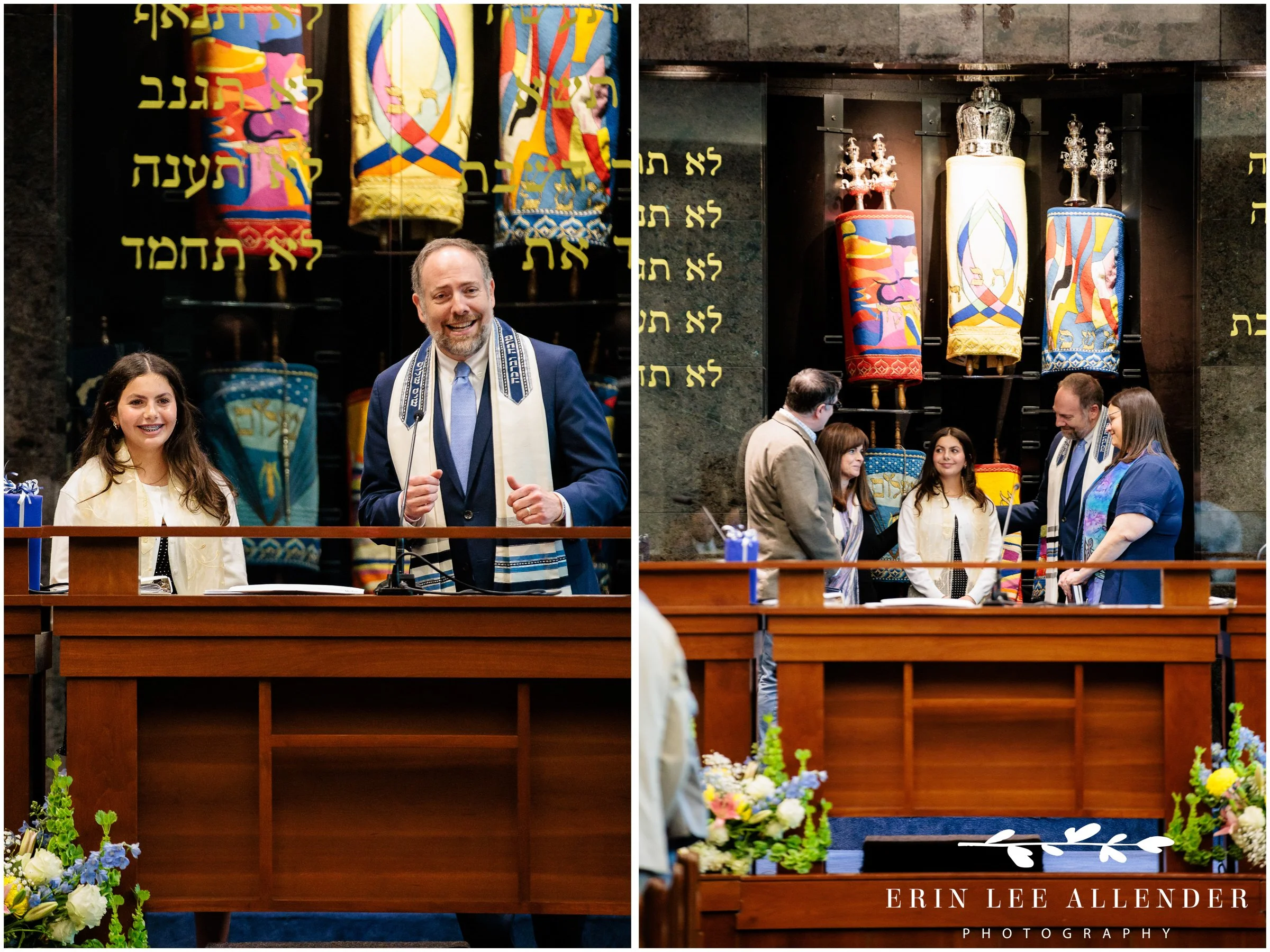 Rabbi and bat mitzvah laughing during ceremony