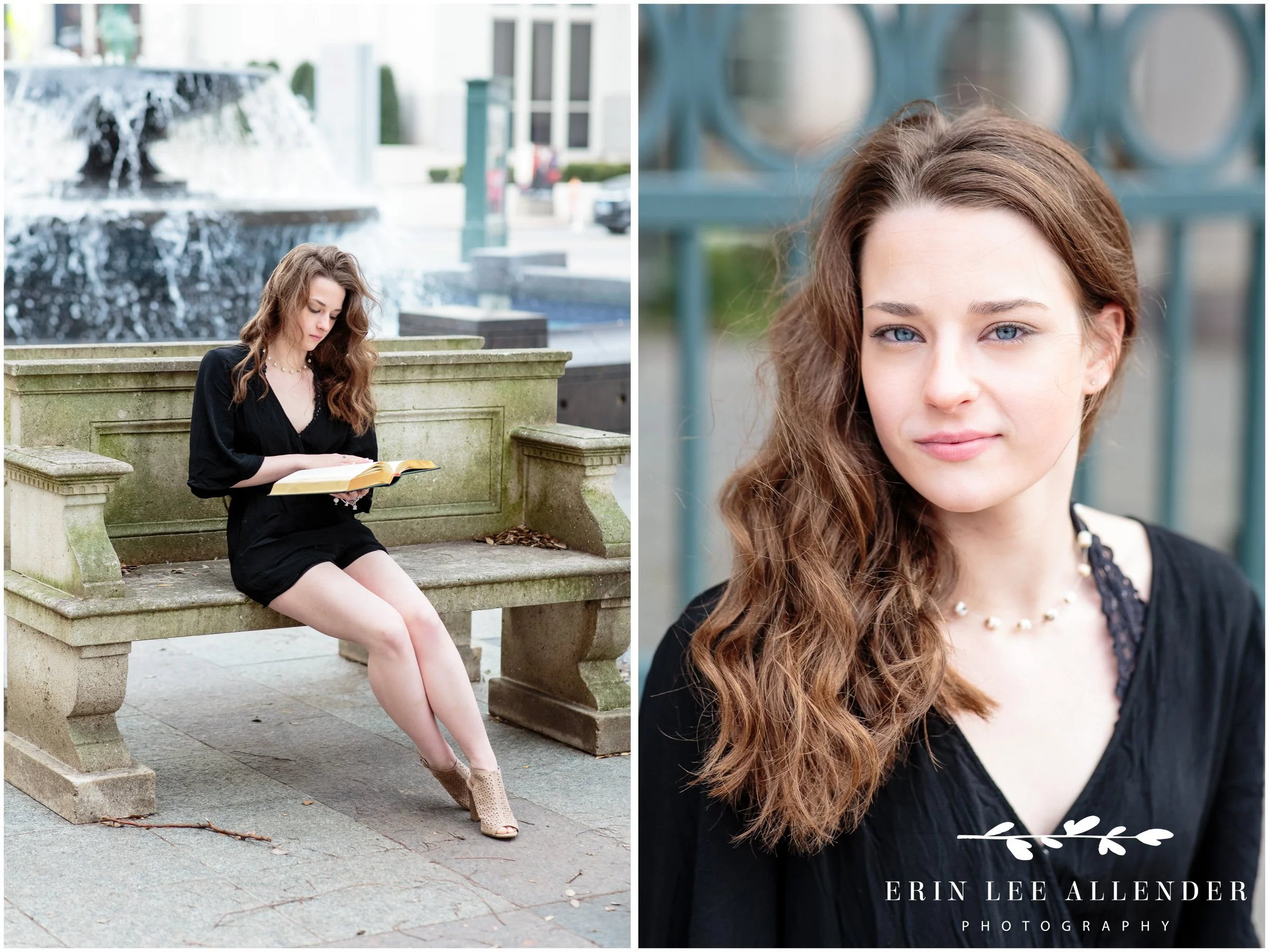 Nashville senior session — high school senior reading a book in front of the Nashville Symphony fountain, natural light, downtown Nashville