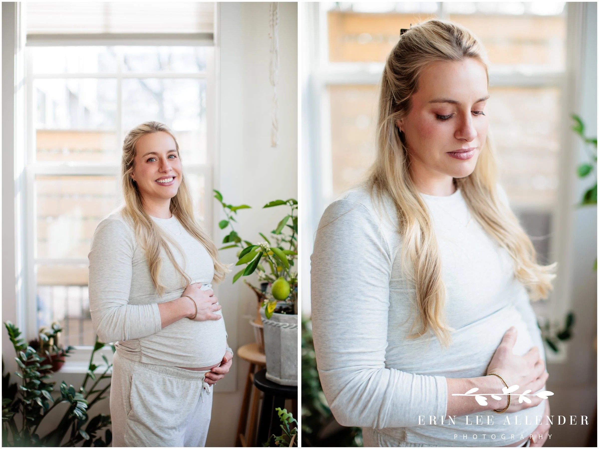 Couple in the kitchen near a collection of plants during in-home maternity photography