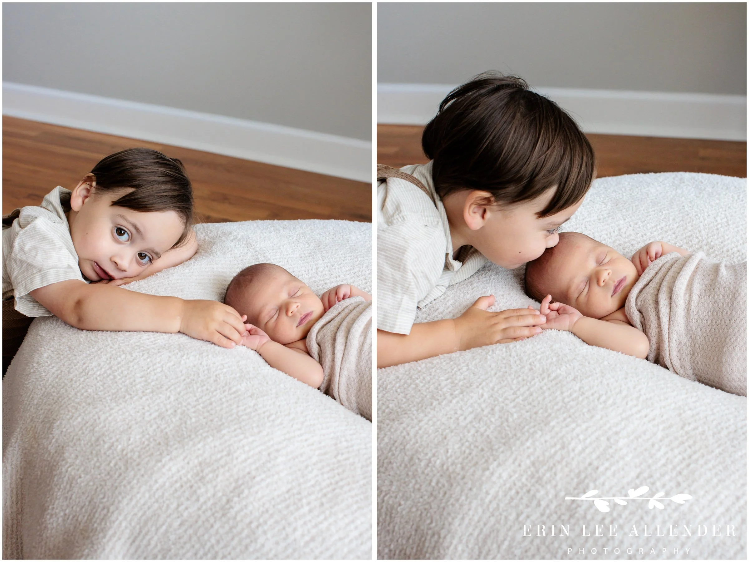 Nashville family photography — toddler big brother giving his newborn baby sister a kiss
