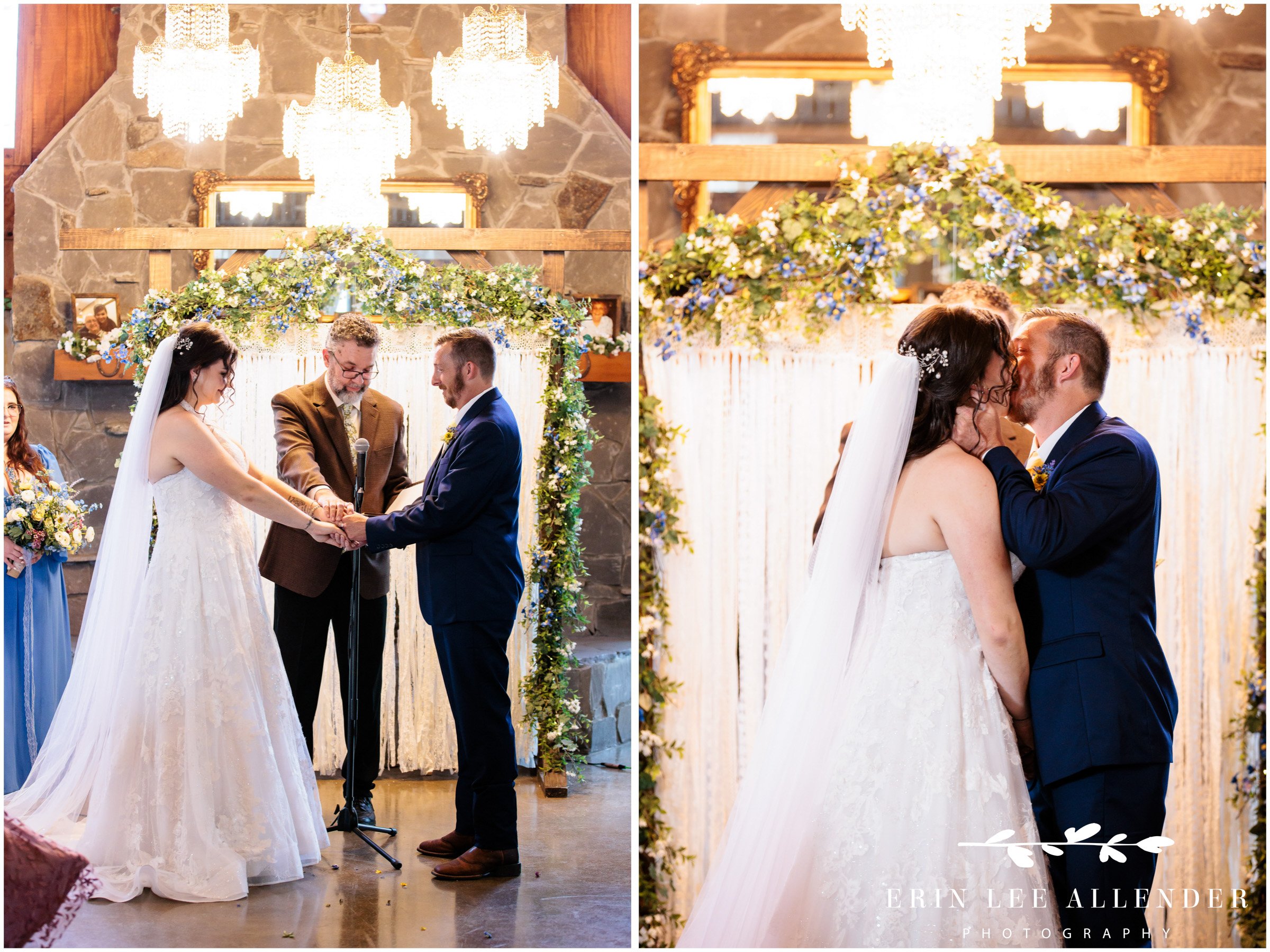 bride and groom kiss at alter