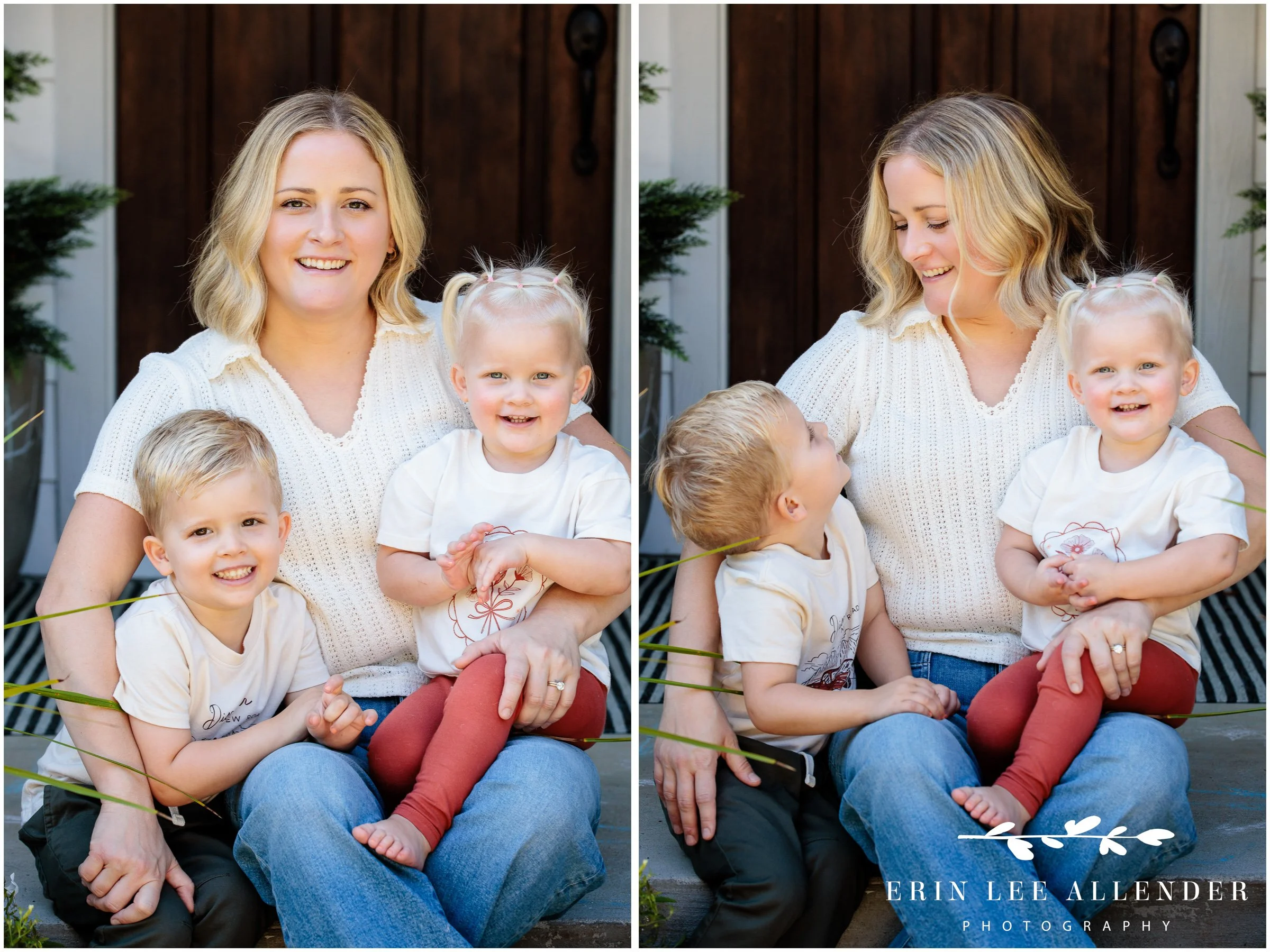Mom holding both children smiling during in-home Nashville family session