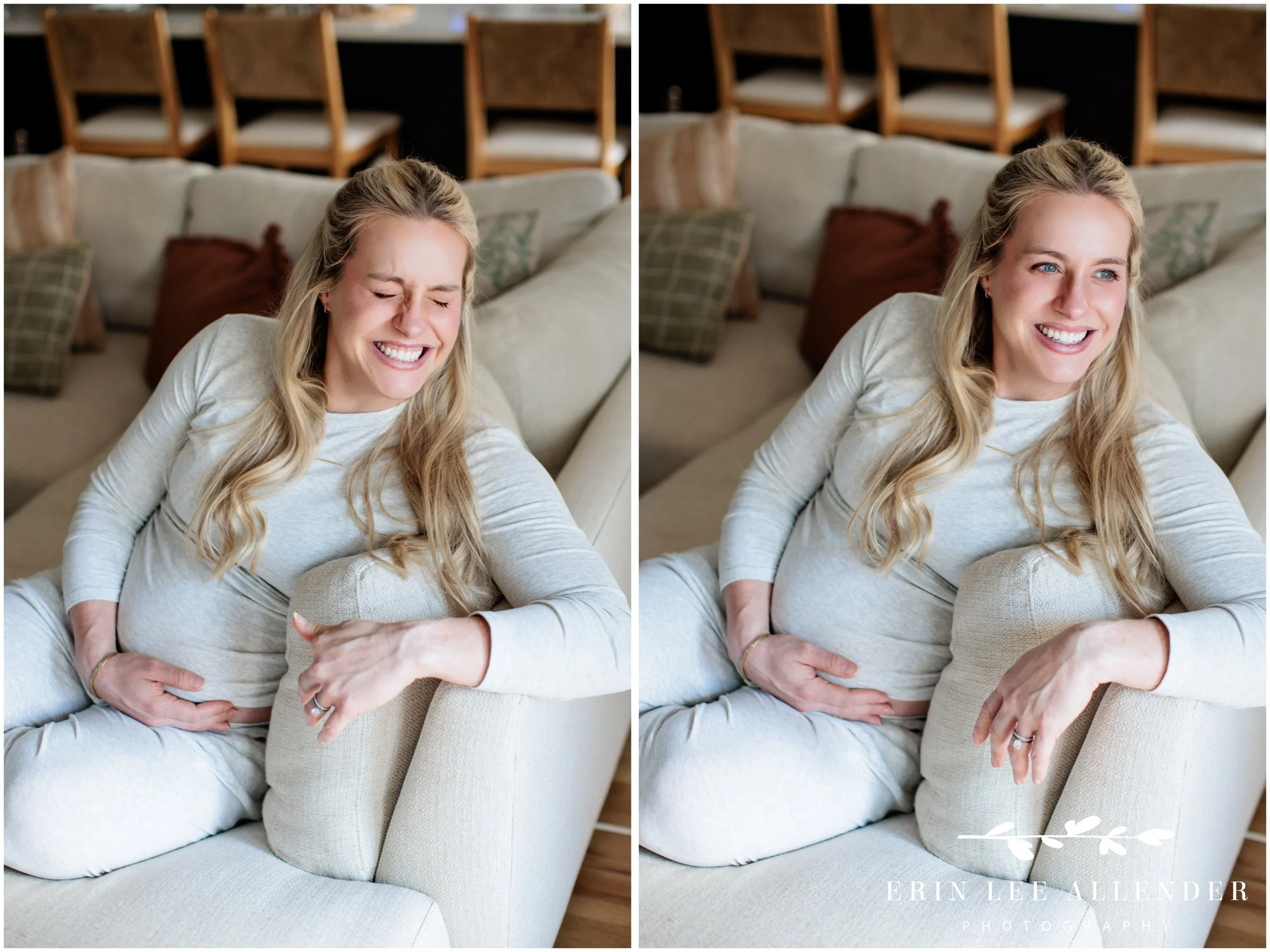 Couple in socks lounging on the living room couch for lifestyle maternity photography
