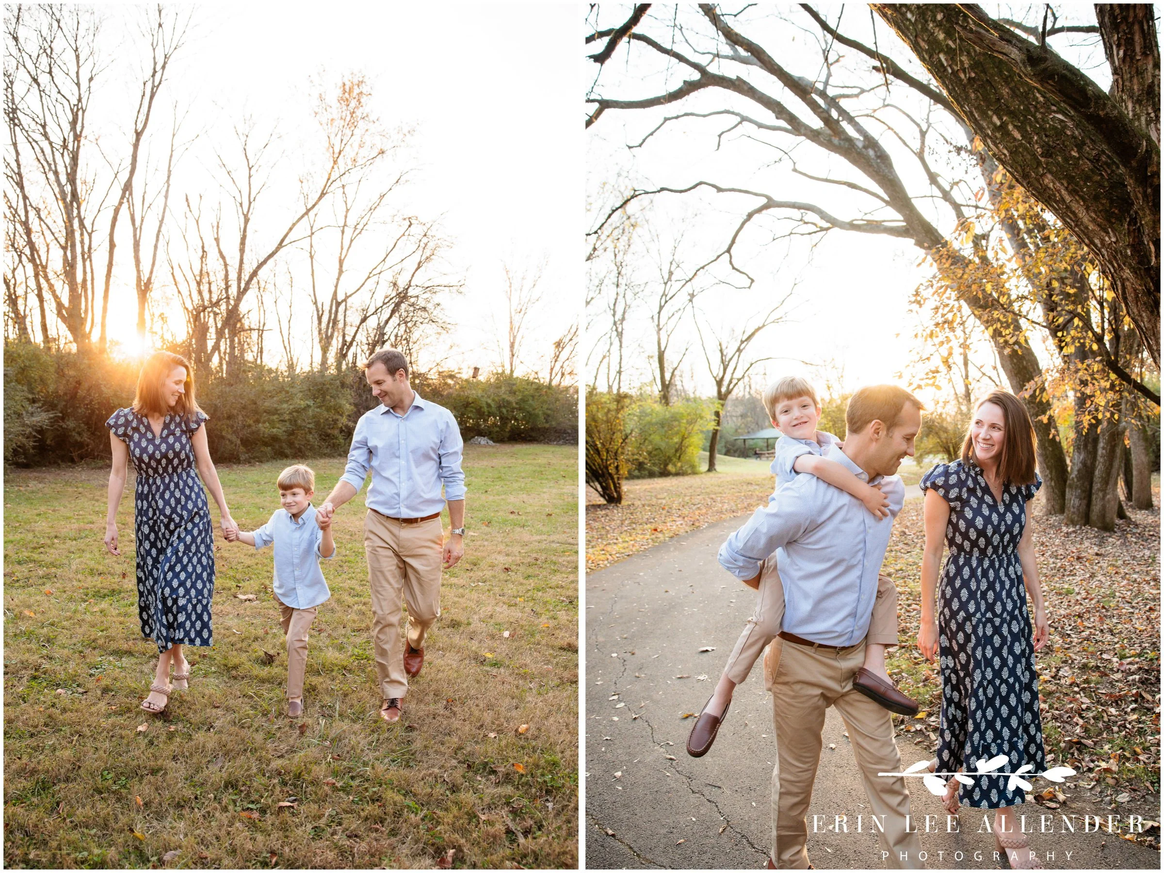 Late fall family session in Nashville — son getting a piggyback ride at Walton Ferry Arboretum