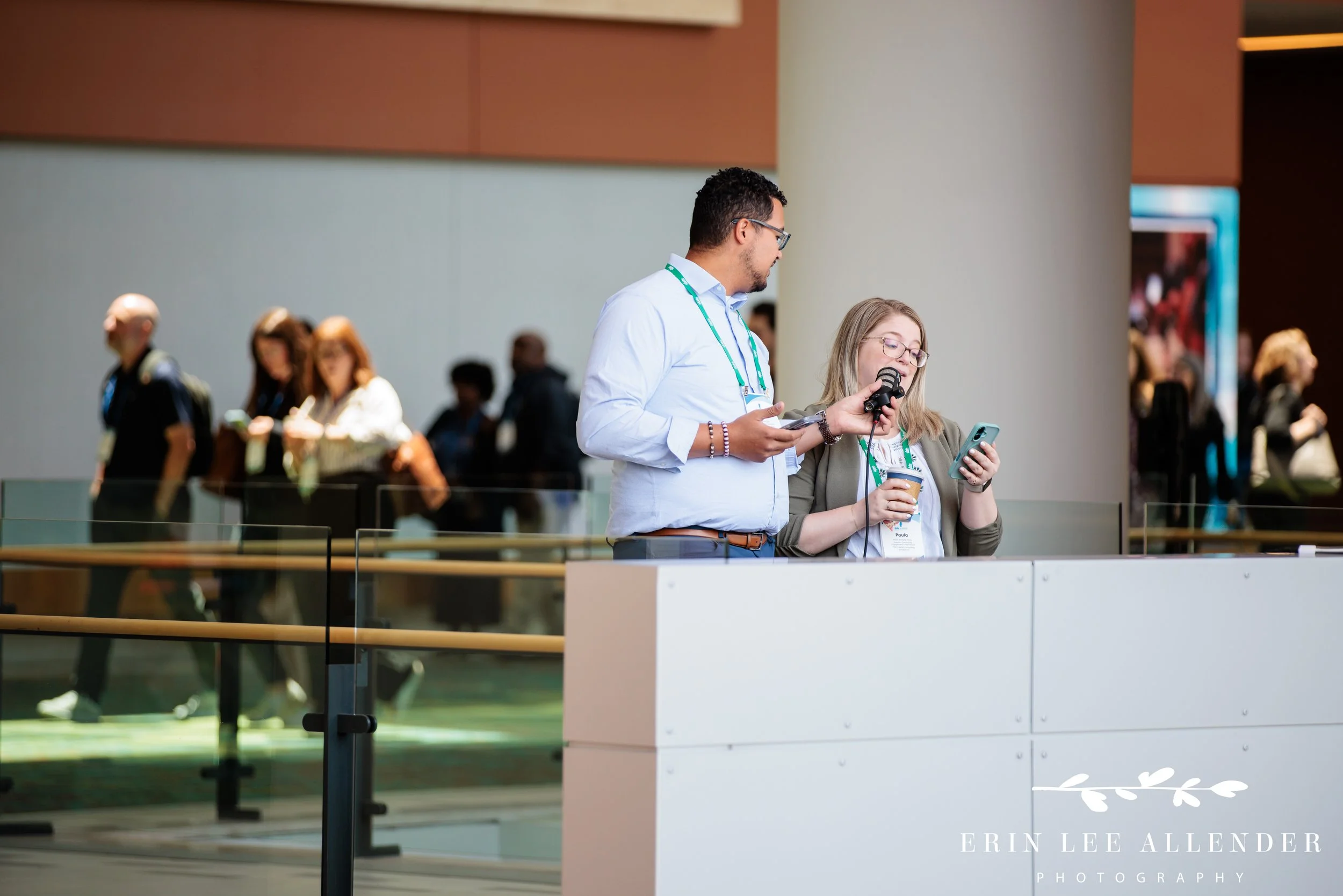 Nashville corporate event photographer — Post Captain's live podcast recording in the corridor at the Slate Summit, Music City Center