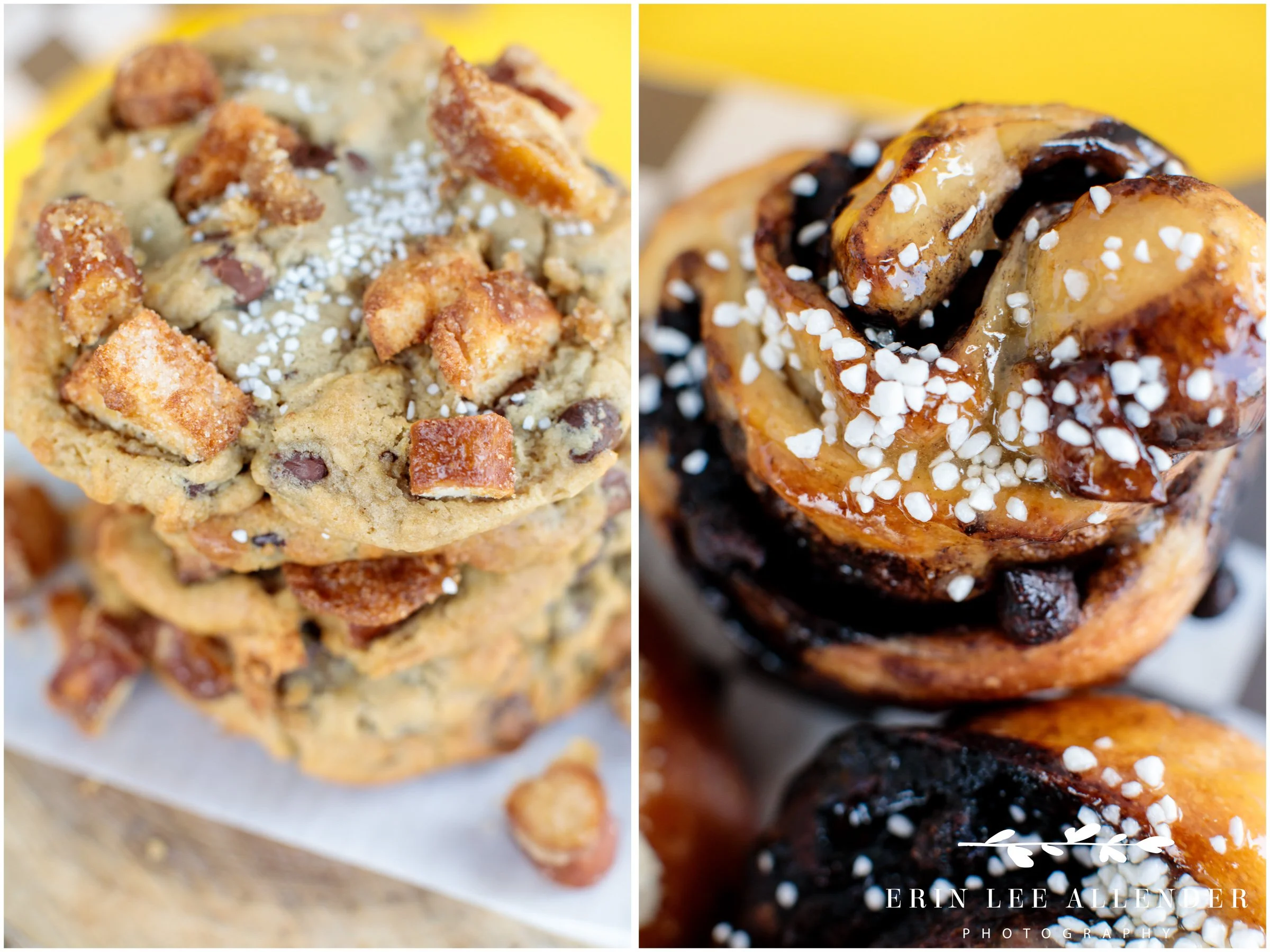 Macro shot of sea salt on FatBelly Pretzel's chocolate chip pretzel crunch cookie, Nashville food photography