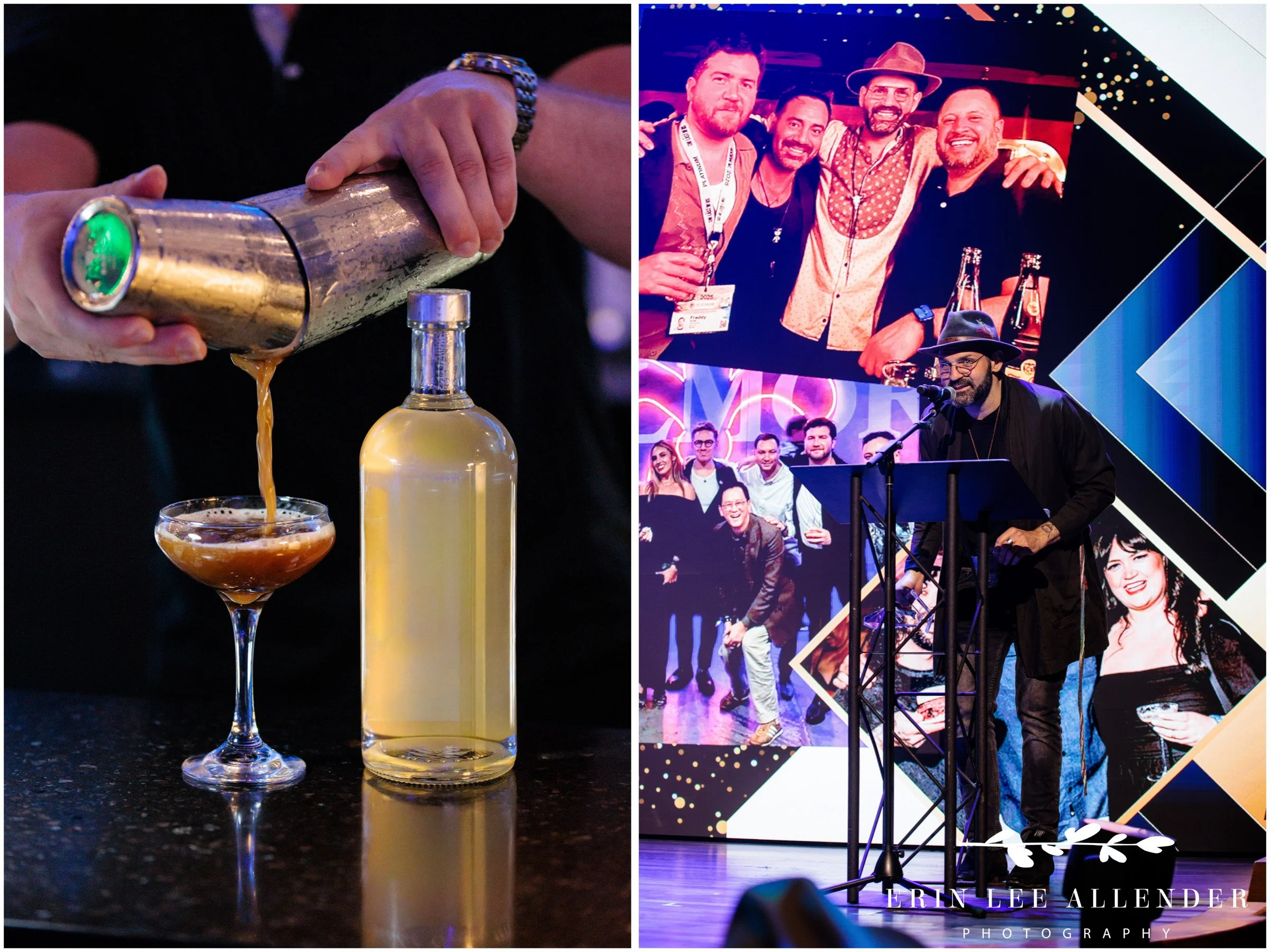 Nashville product photography — signature cocktail being poured at wine and spirits advocacy awards dinner, Woolworth Theatre Nashville