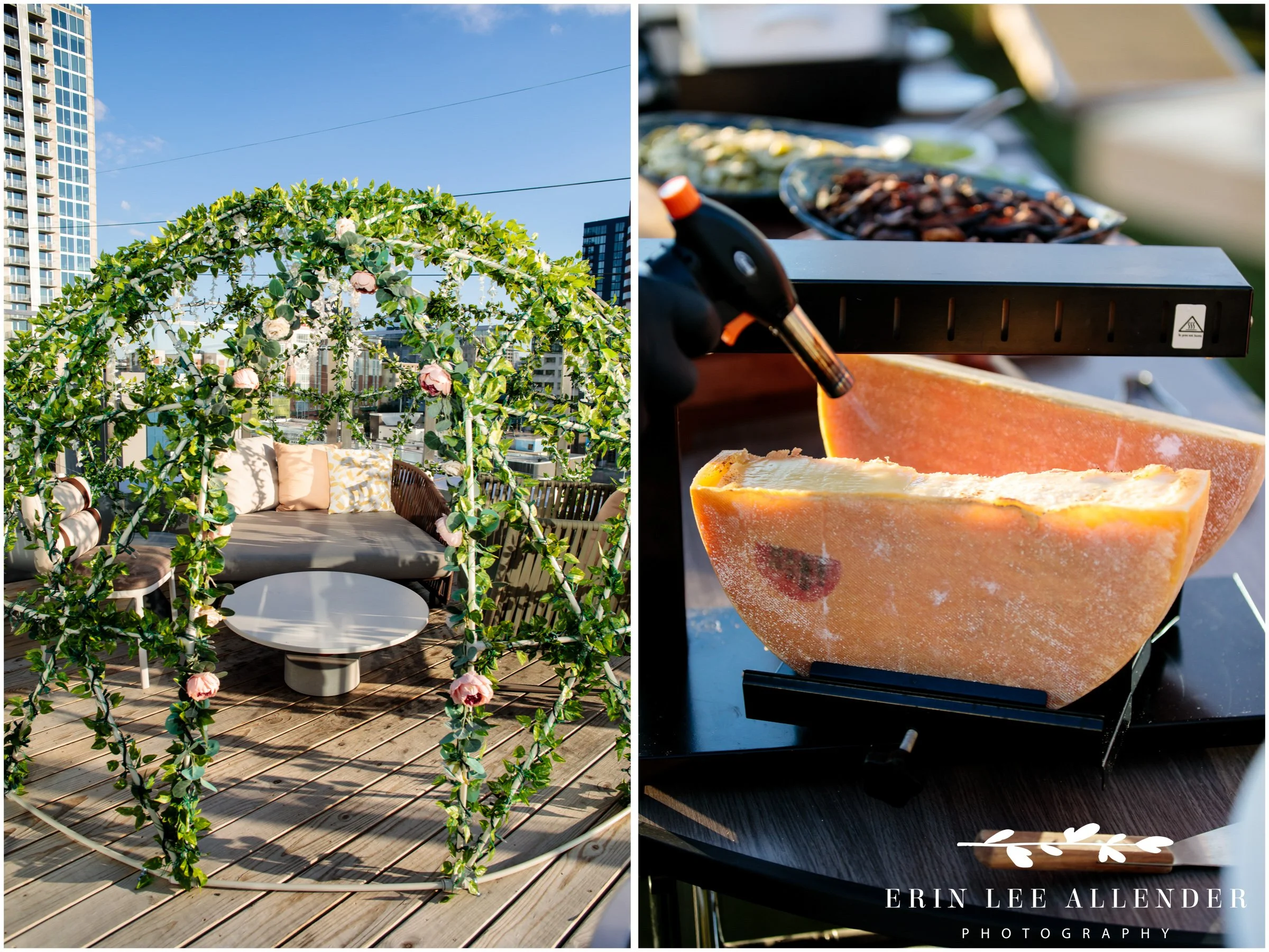 Nashville event photography — raclette cheese station being torched at CBIZ Nashville Summit welcome reception at The Conrad