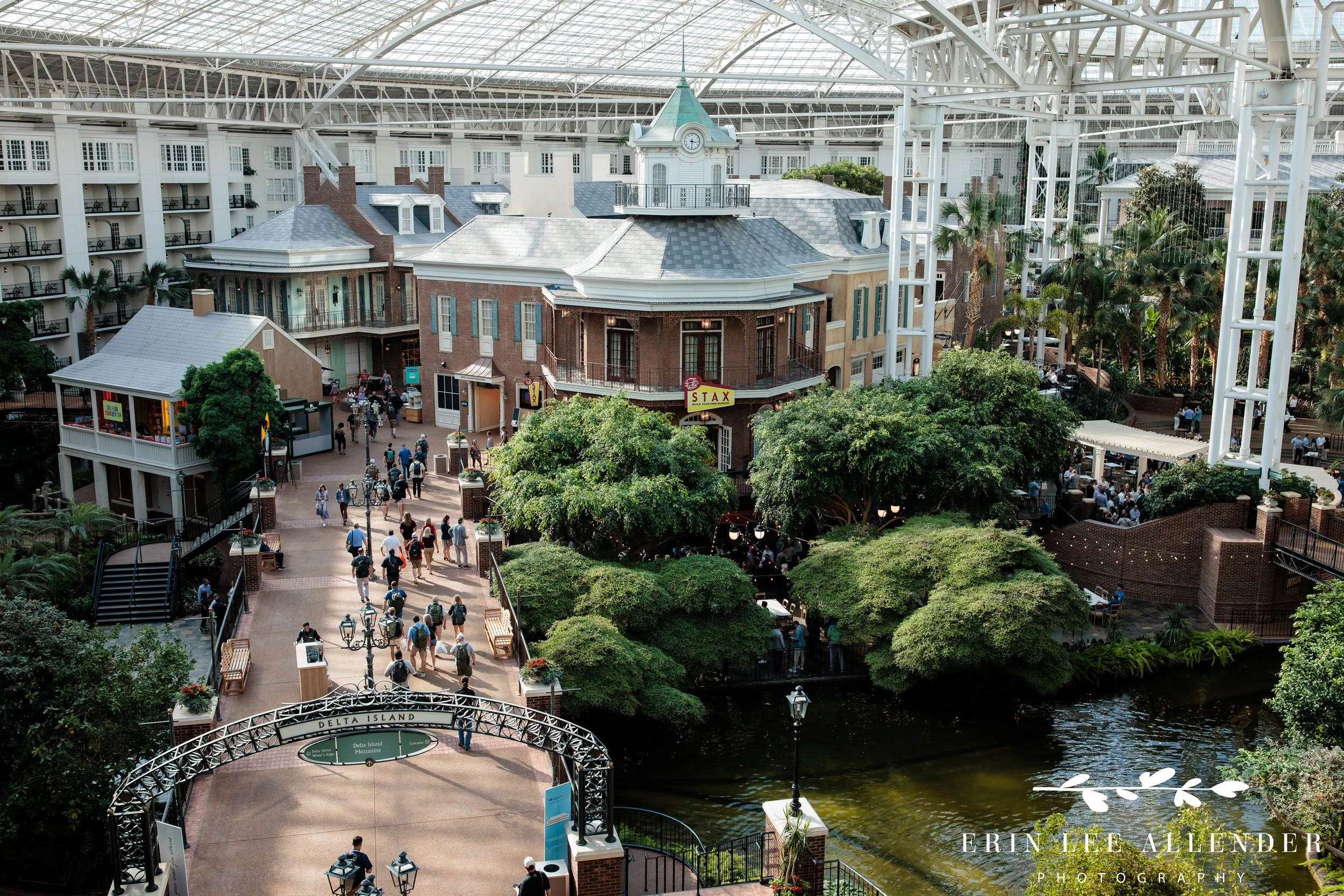 Nashville corporate event photographer capturing a wide view of Delta Island from the mezzanine entrance during RubinBrown's cocktail party at Gaylord Opryland Resort