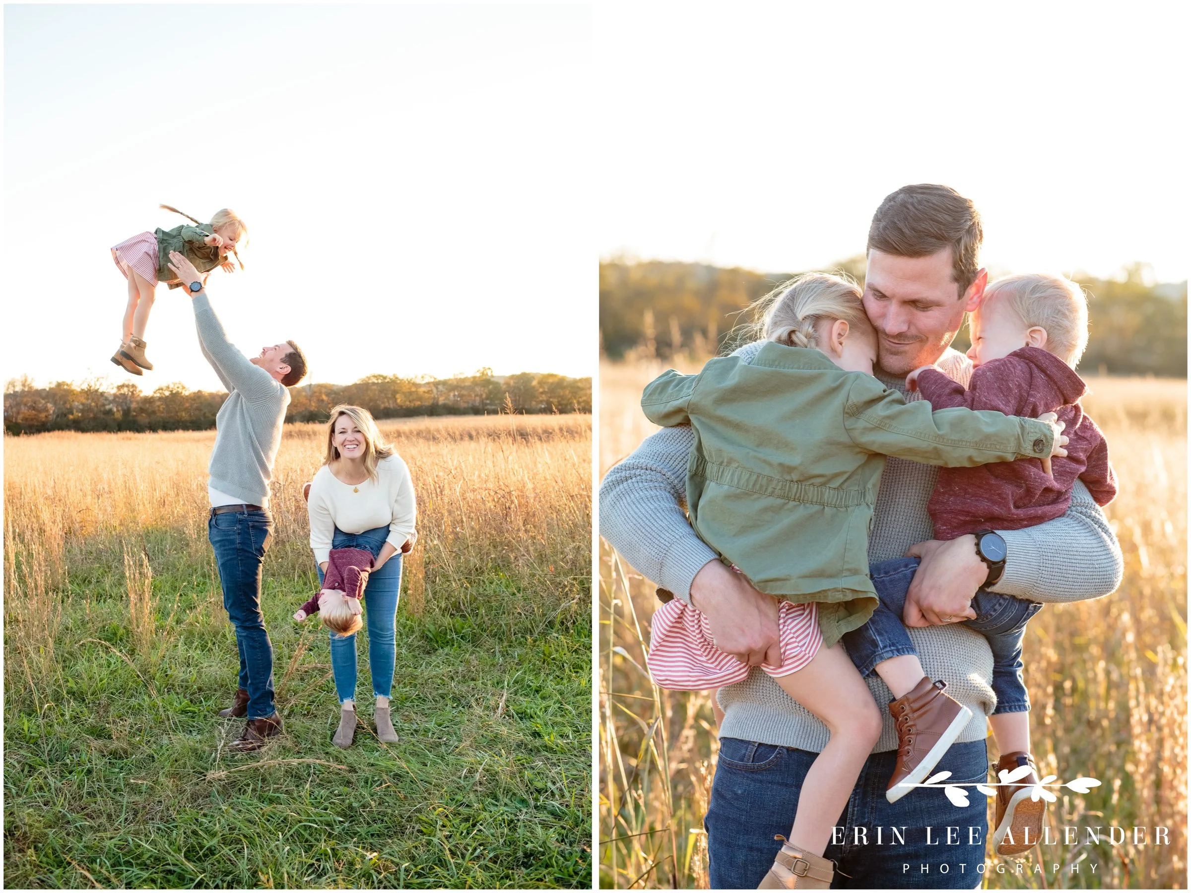 Parents chasing their children through a sunlit Gallatin field during a golden hour session.