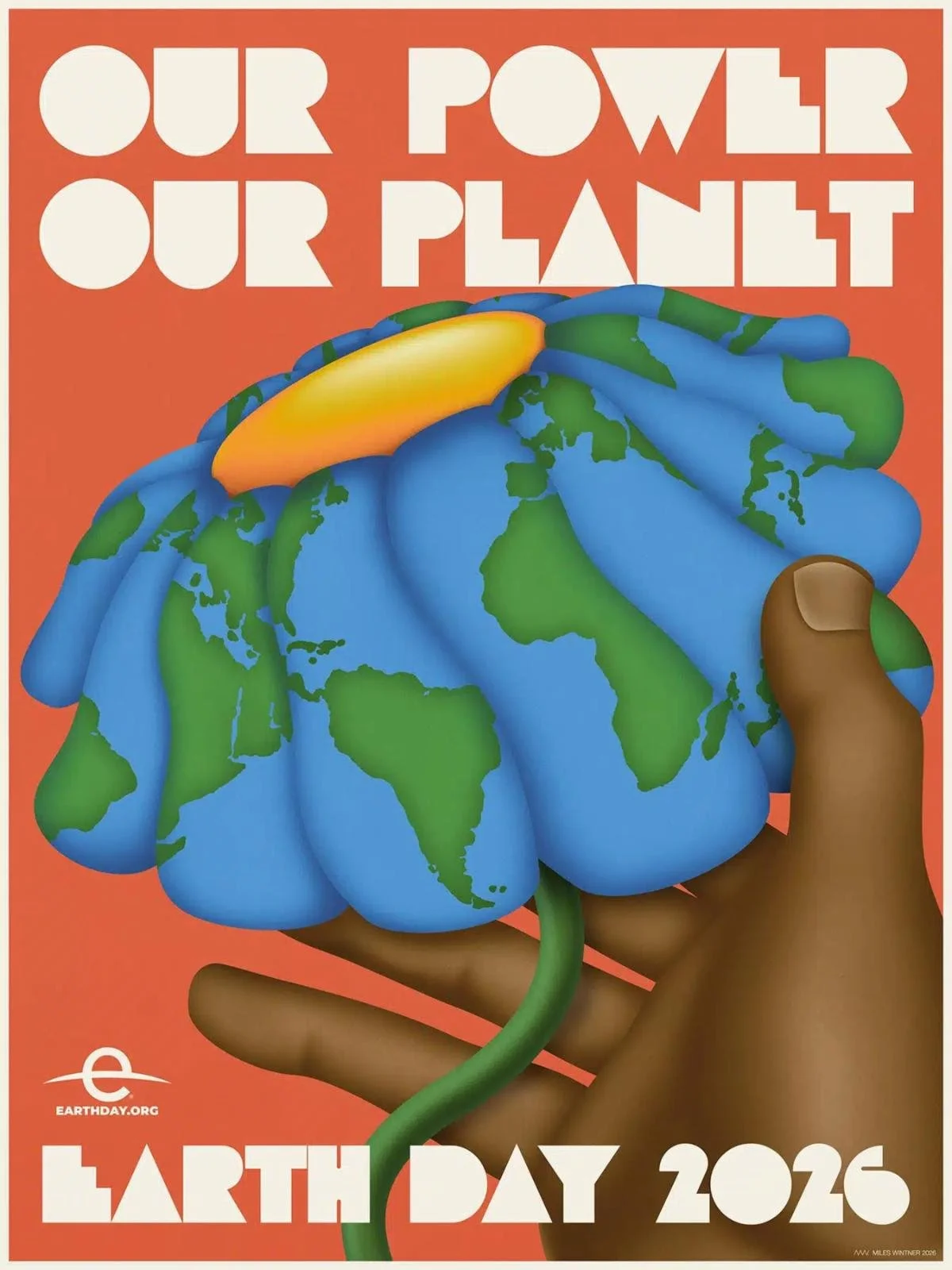 Our Power Our Planet graphic with a hand holding a flower that looks like Earth