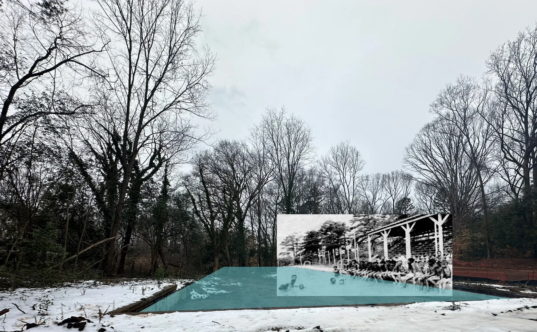 A photo merge of where a pool was with a black and white image overlaid of children at the pool.