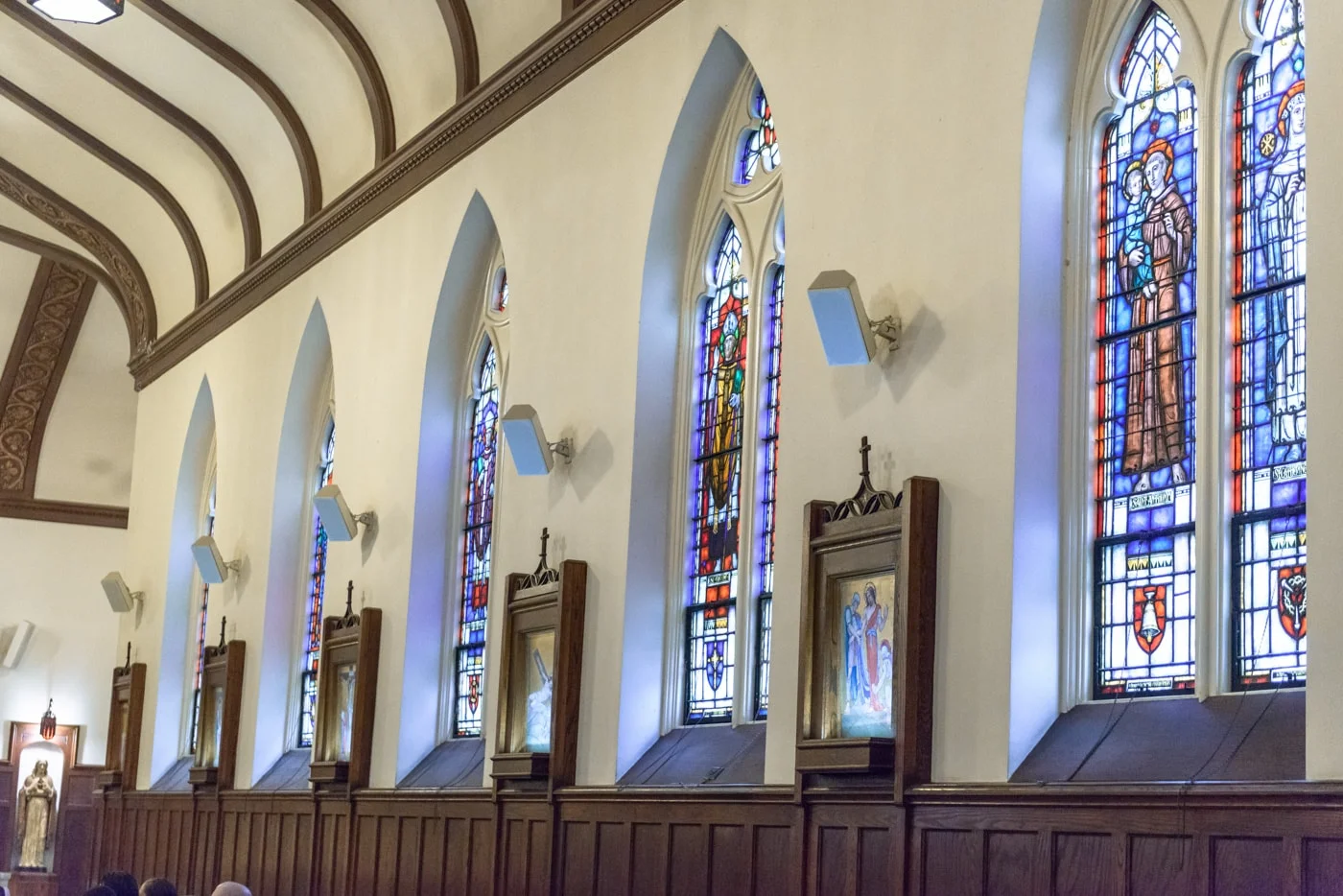 Stained glass windows at St James Catholic Church in Falls Church, Virginia
