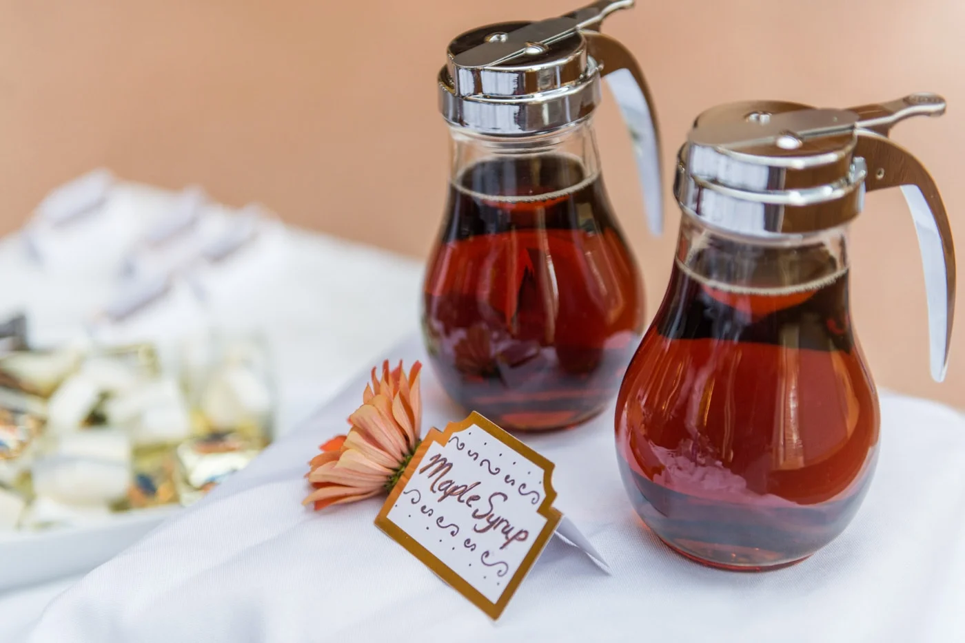 Maple syrup at a brunch wedding at St Mark Catholic Church in Vienna, Virginia