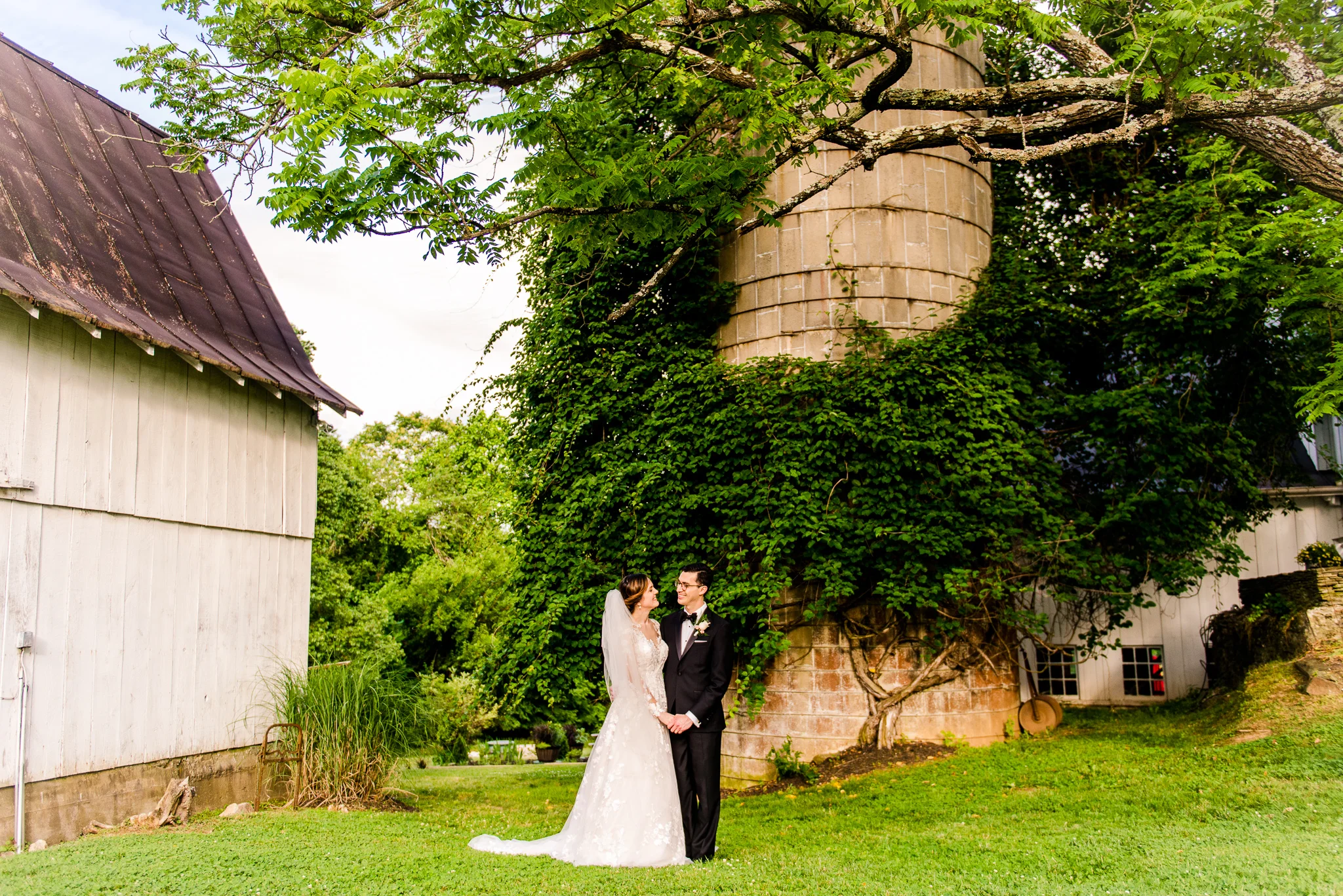 A bride and groom hold hands in front of a silo covered in greenery during golden hour at The Barns at Hamilton Station Vineyard in Leesburg, Northern Virginia