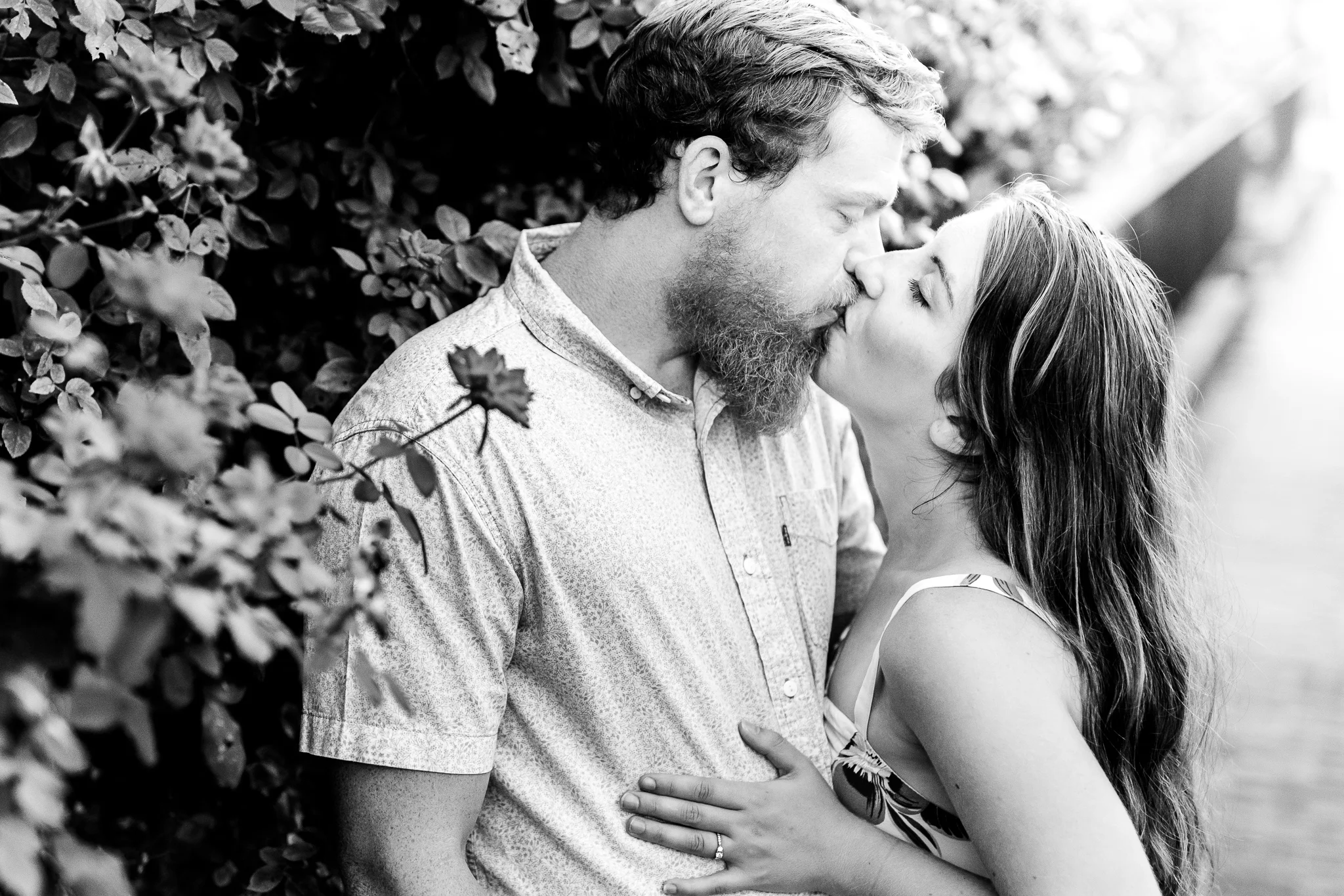 An engaged couple shares a kiss next to a rose bush during their summer sunset engagement session in Historic Occoquan, Northern Virginia