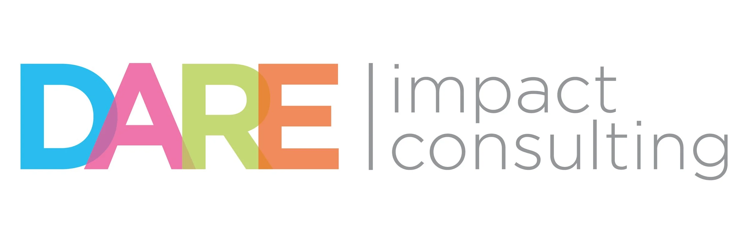 DARE Impact Consulting with bright, stylized letters in blue, pink, green, and orange