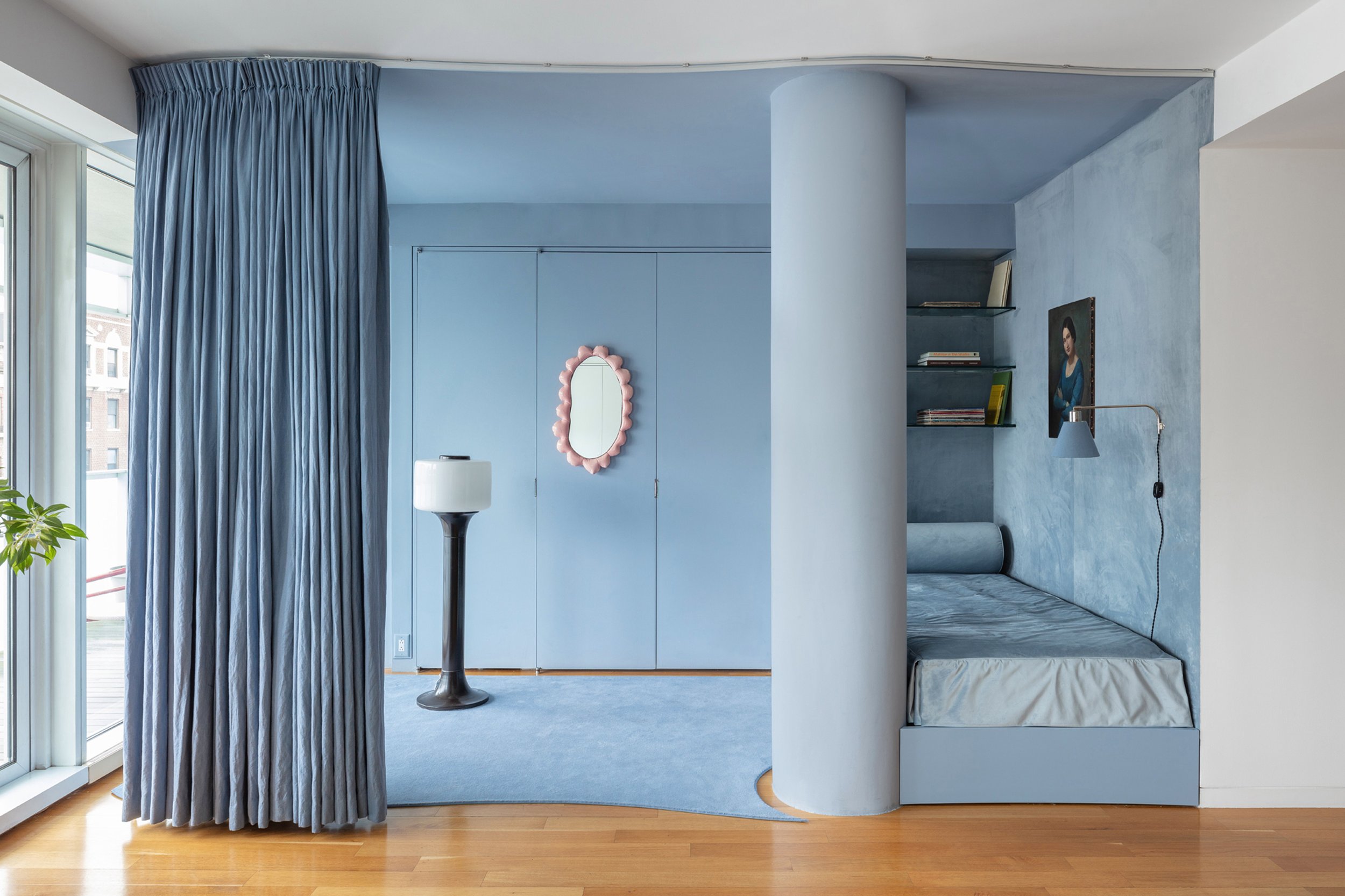  Charlap Hyman &amp; Herrero  Private Residence   CHH designed this monochrome overnight guest space. With custom millwork, a built-in bed, and a delicately curving partition of dyed linen. This compact, carefully considered space contains a variety 