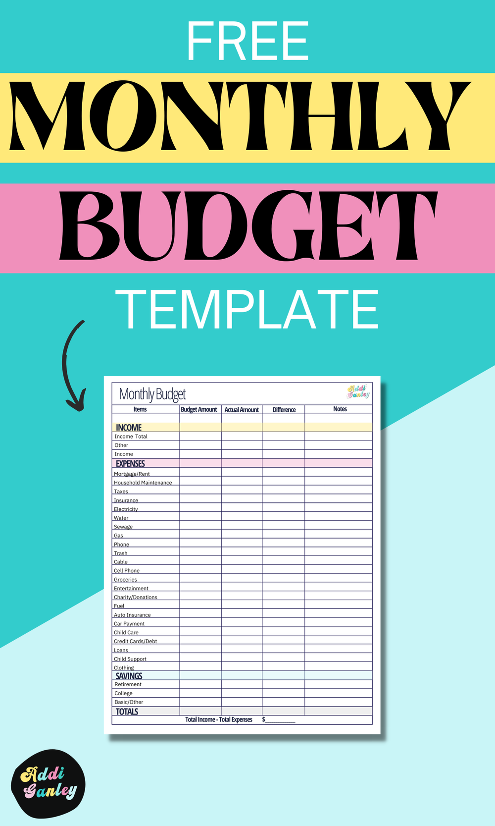 Free Monthly Budget Template - Instant Download