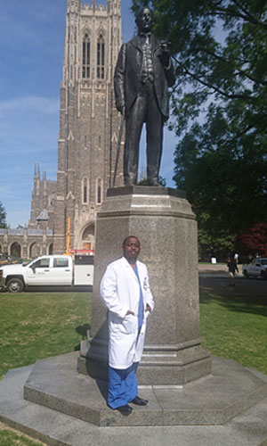 The Bassett Foundation Scholarship recipient who was at Duke in April, Dr. Alex Muhindo; Fellow of the College of Surgeons of Eastern, Southern, and Central Africa (COSECSA).