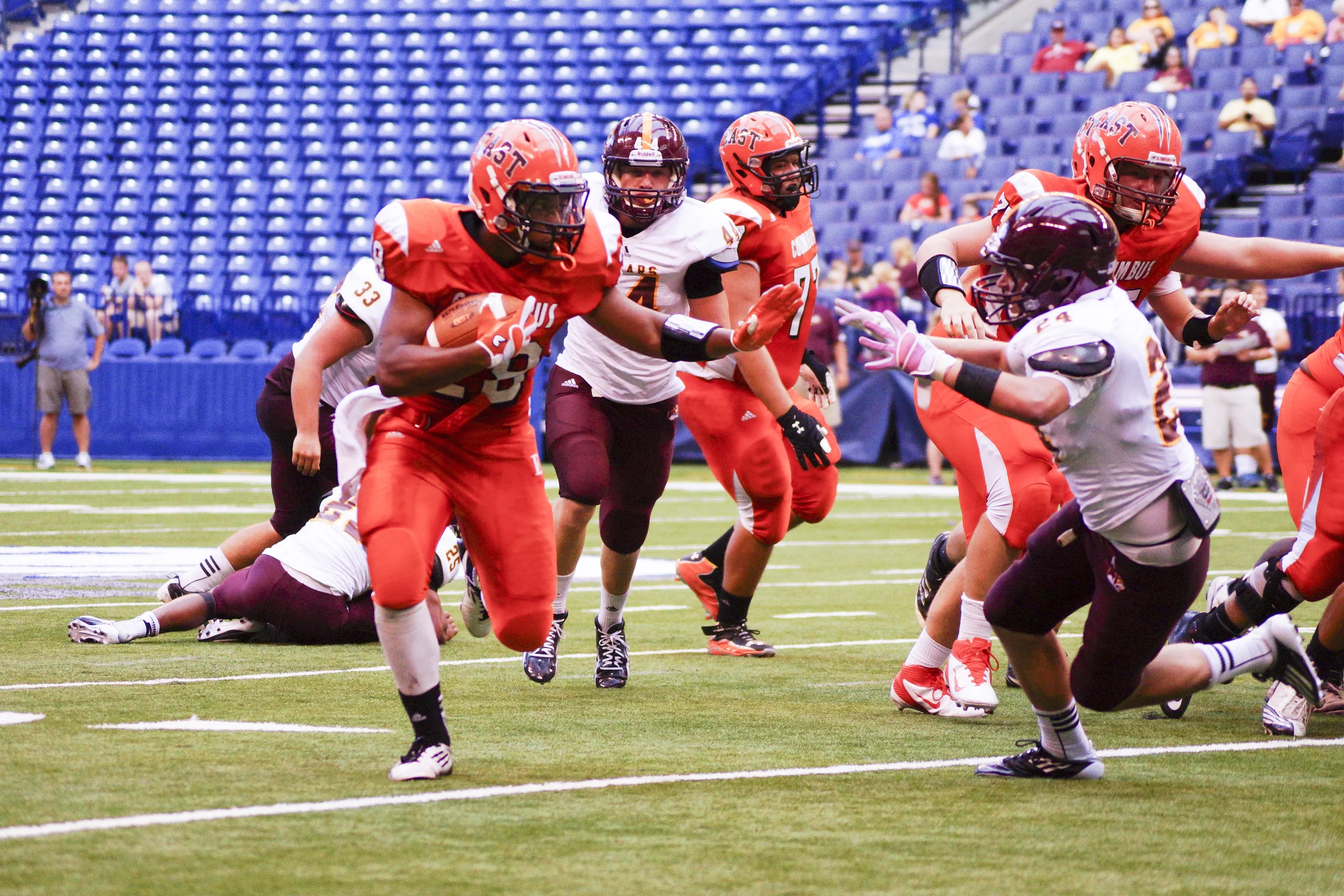 Markell Jones, 28, with a stiff arm and break away for what would be the game winning touch down.