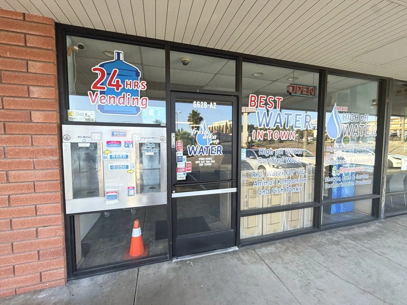 Fresh Alka Water storefront at 6628 Mission Gorge Road in San Diego, with the 24-hour purified and alkaline water vending window