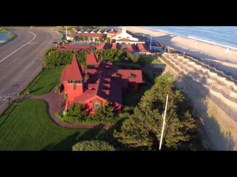 Aerial view around sea-side church, Hamptons