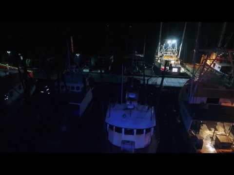 Low aerial pan of commerical fishing fleet at night at the dock