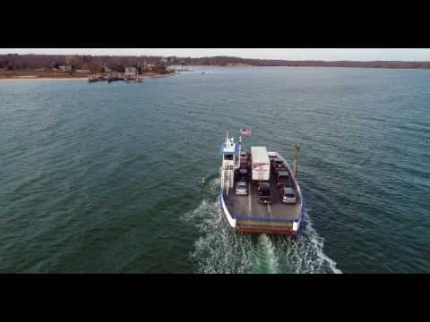 Aerial shot of Shelter Island, New York, ferry crossing Great Peconic Bay