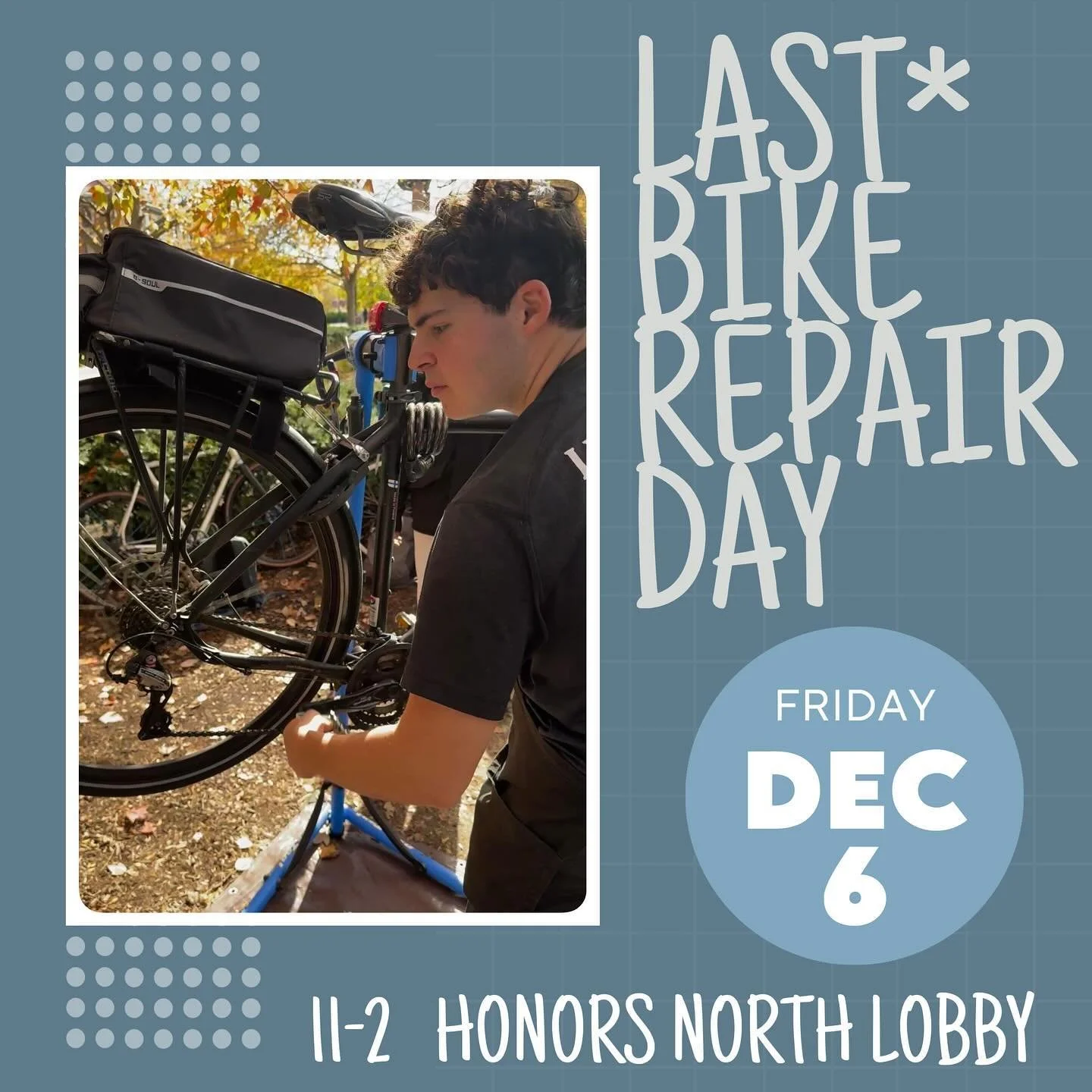 This Friday will be our last bike repair session of the semester!

Come get your bike looked at so it doesn&rsquo;t break down on the way to an exam next week😉 

Hope to see you there‼️
