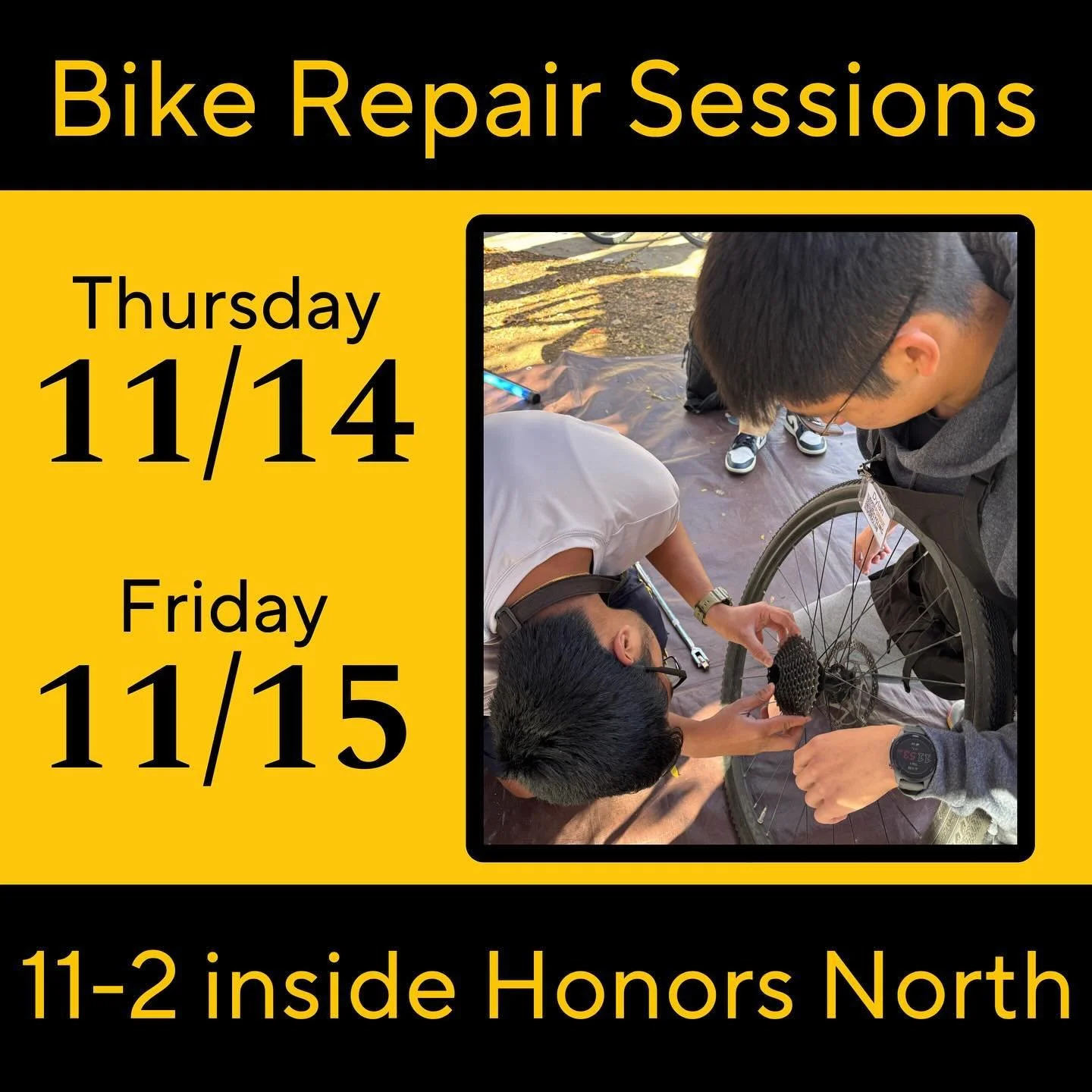 This week&rsquo;s repair sessions will be inside at Honors North!

Bring your bike!
