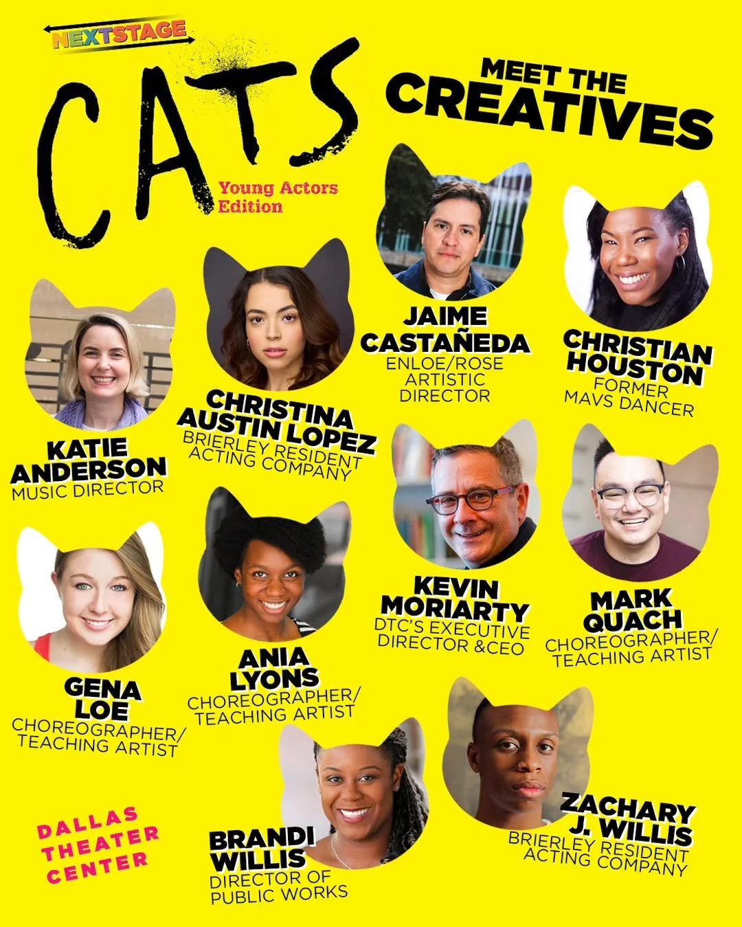 Yellow poster for a young actors edition of cats, showing photos of cast members and their roles, with headings for meet the creatives and next stage.
